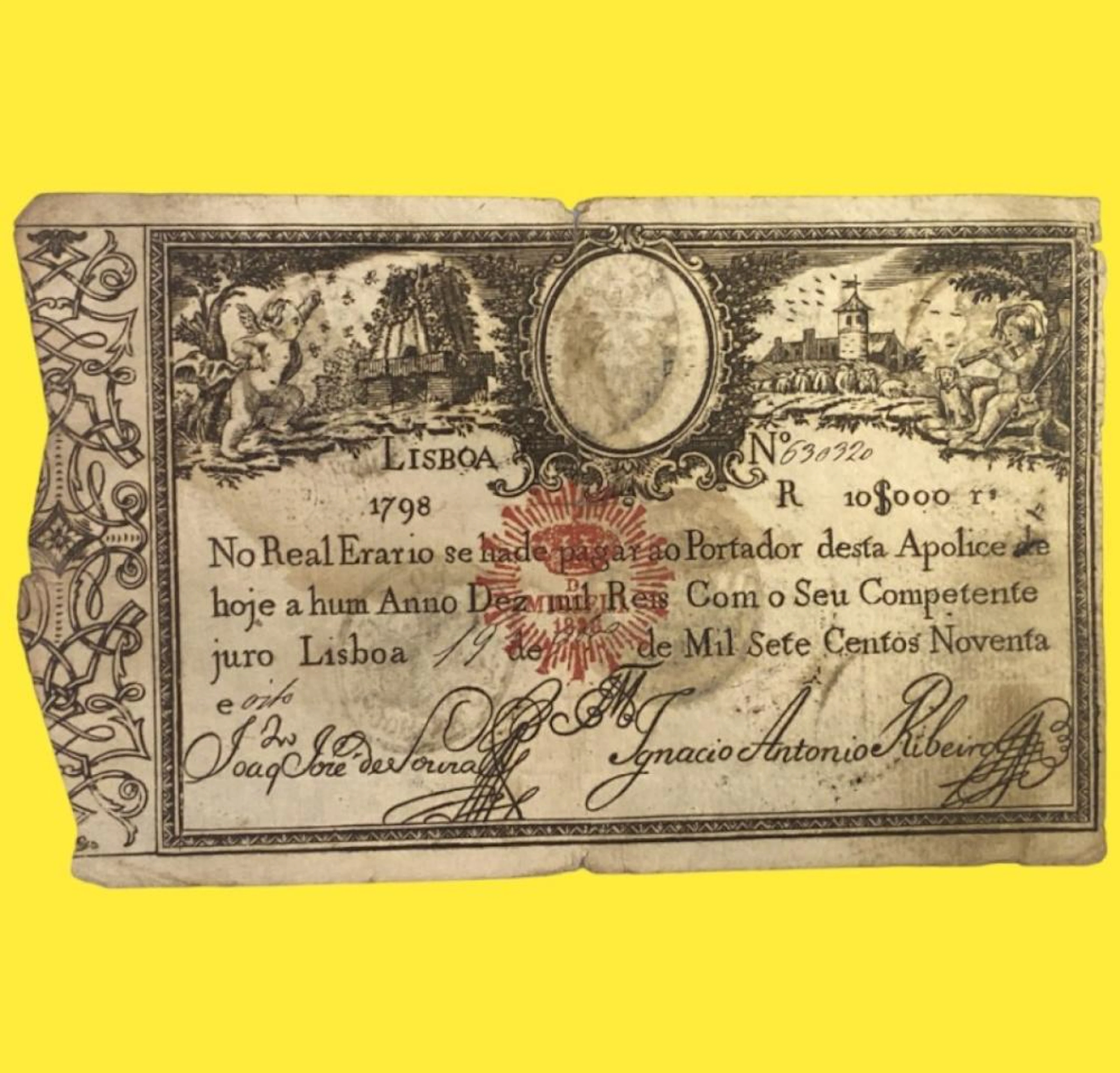 Apólice, 10.000 Réis, 1798, Carimbo de Dom Miguel I, Portugal