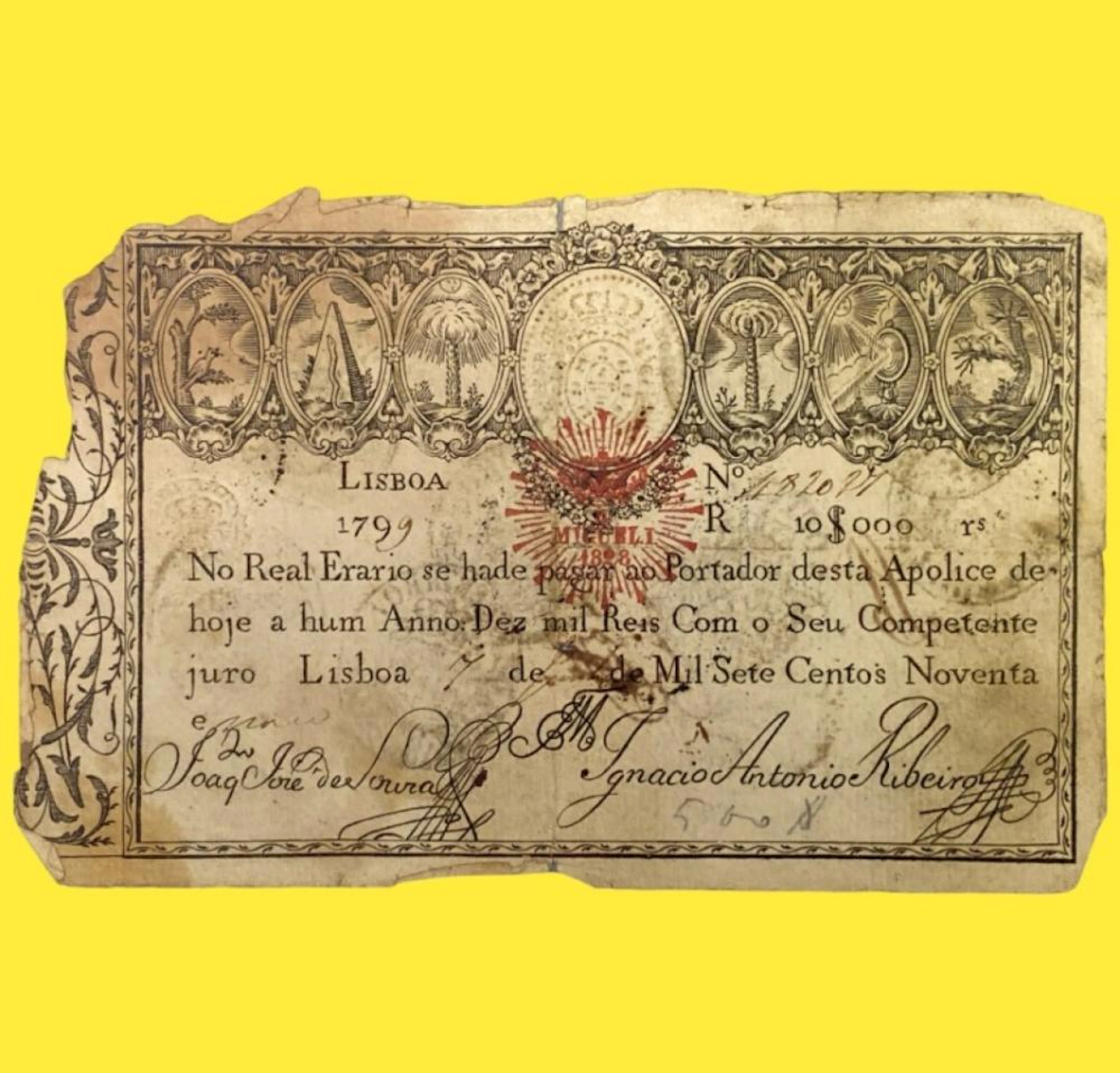 Apólice, 10.000 Réis, 1799, Data Manual, Carimbo Dom Miguel I, Portugal