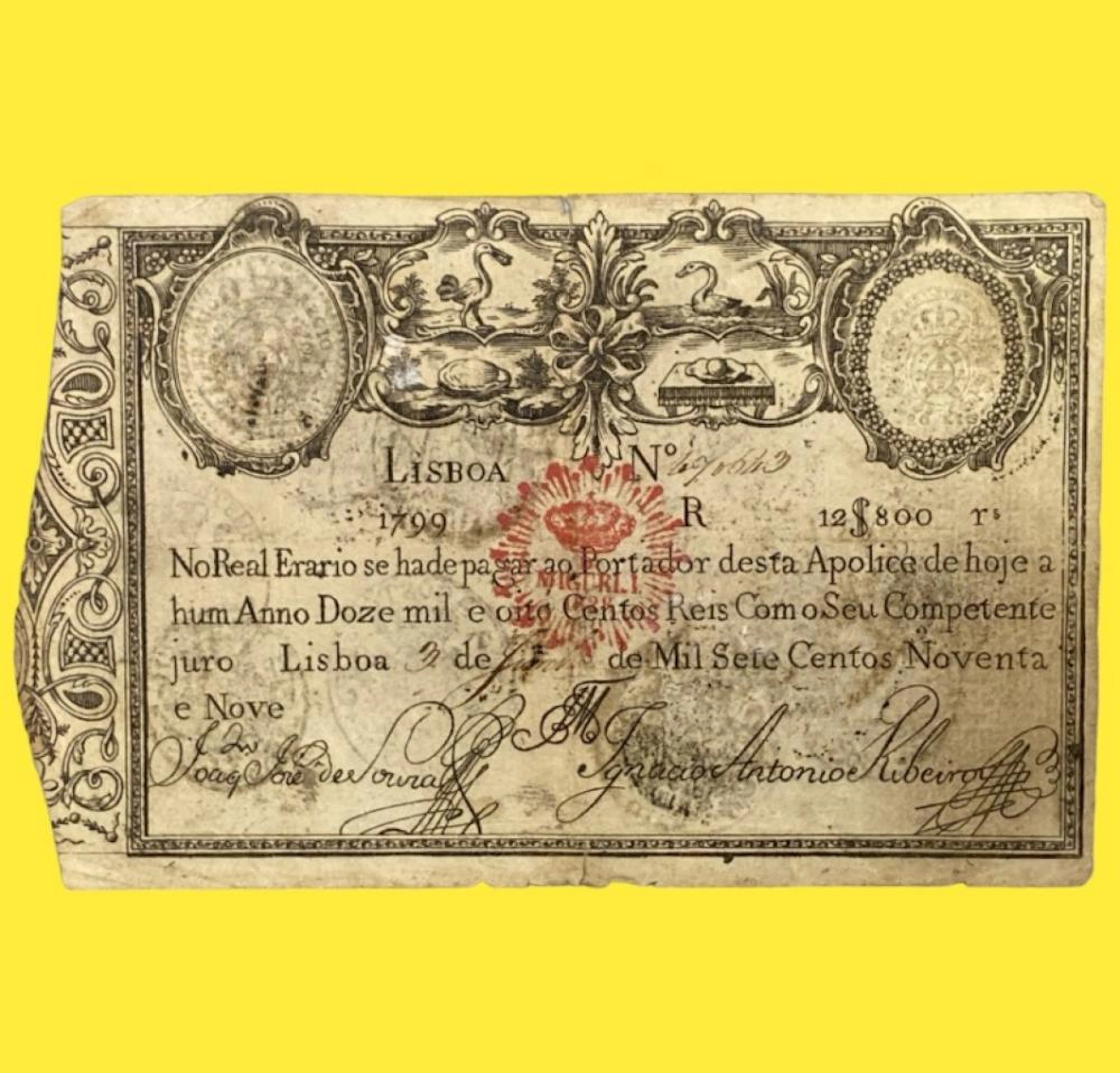 Apólice,12.800 Réis, 1799, Carimbo de Dom Miguel I, Portugal
