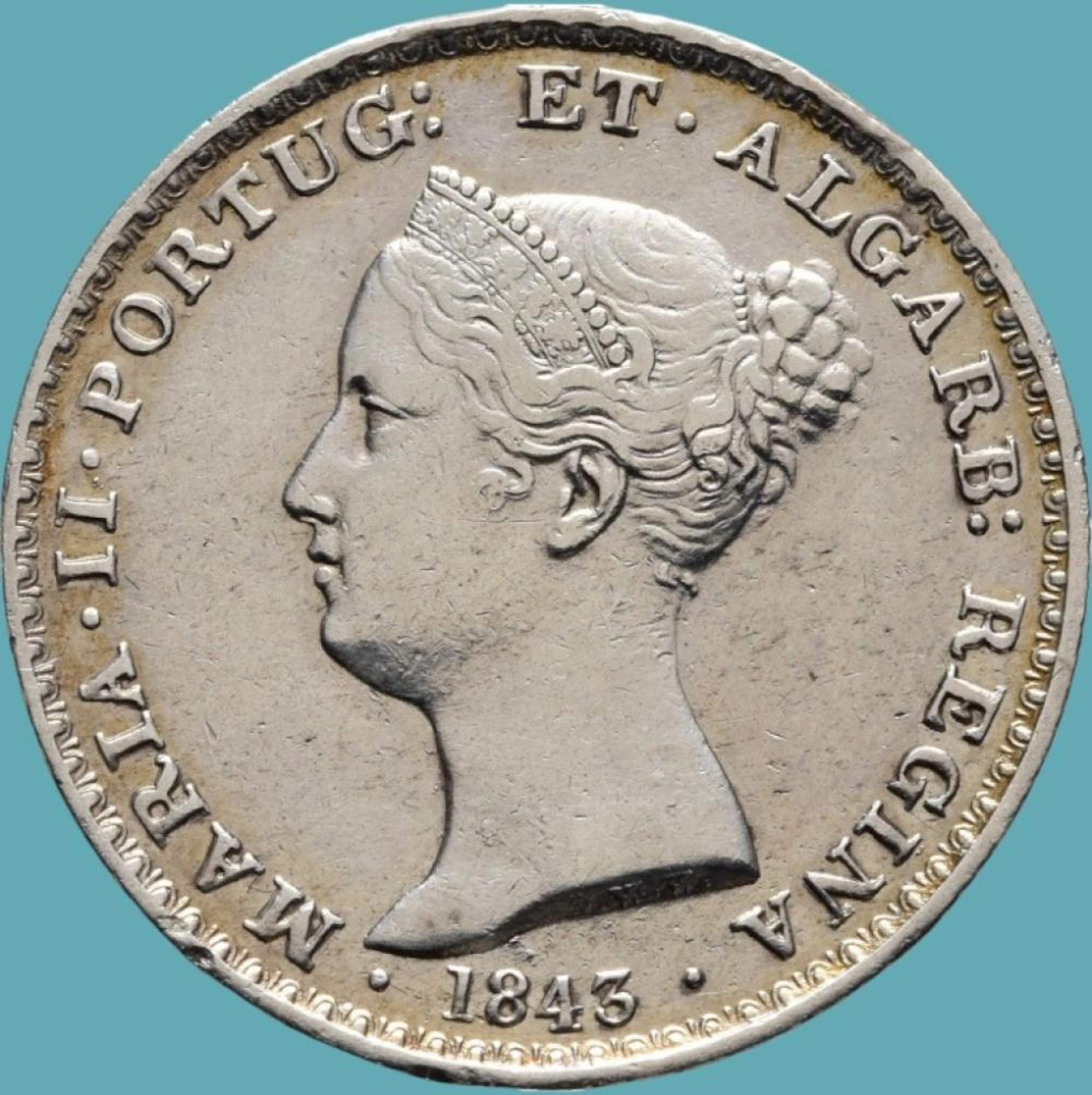 Dona Maria II, Meia Coroa, 5 Tostões (500 Réis),1843, Prata, P.14,68 g.
