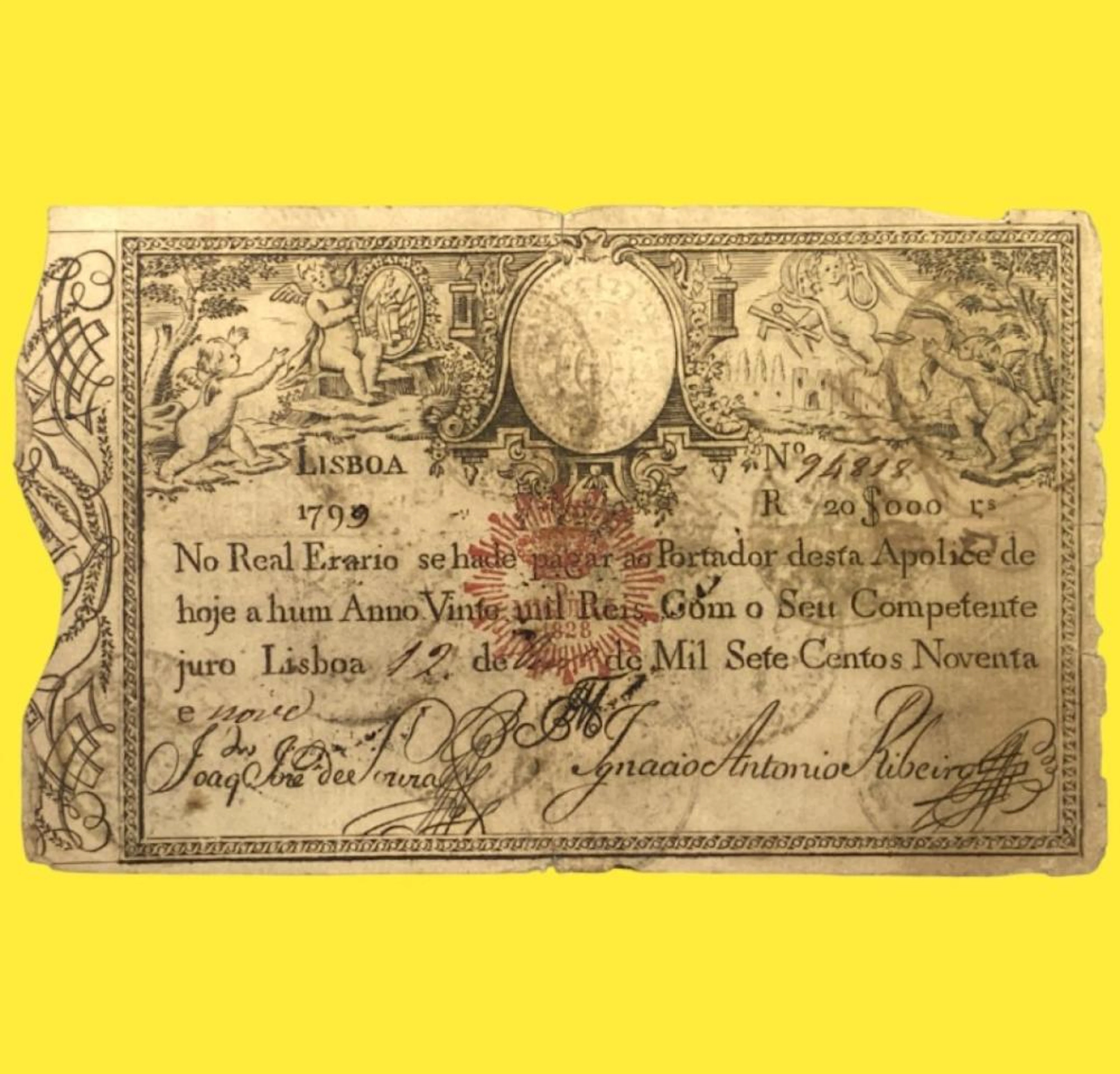 Apólice, 20.000 Réis, 1798/9, Data Manual, Carimbo Dom Miguel I, Portugal