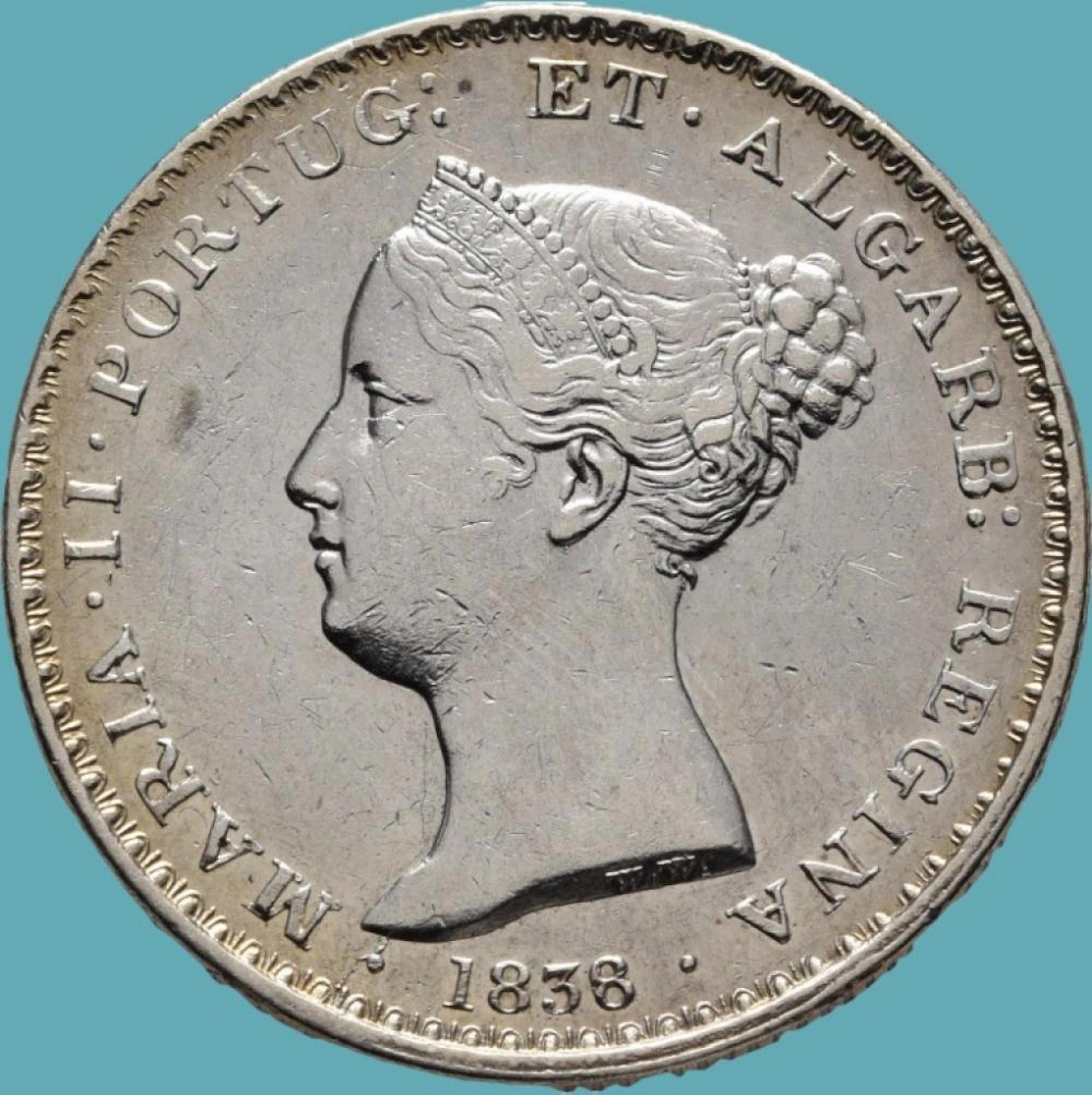 Dona Maria II, Meia Coroa, 5 Tostões (500 Réis),1838, Prata, P.14,73 g.