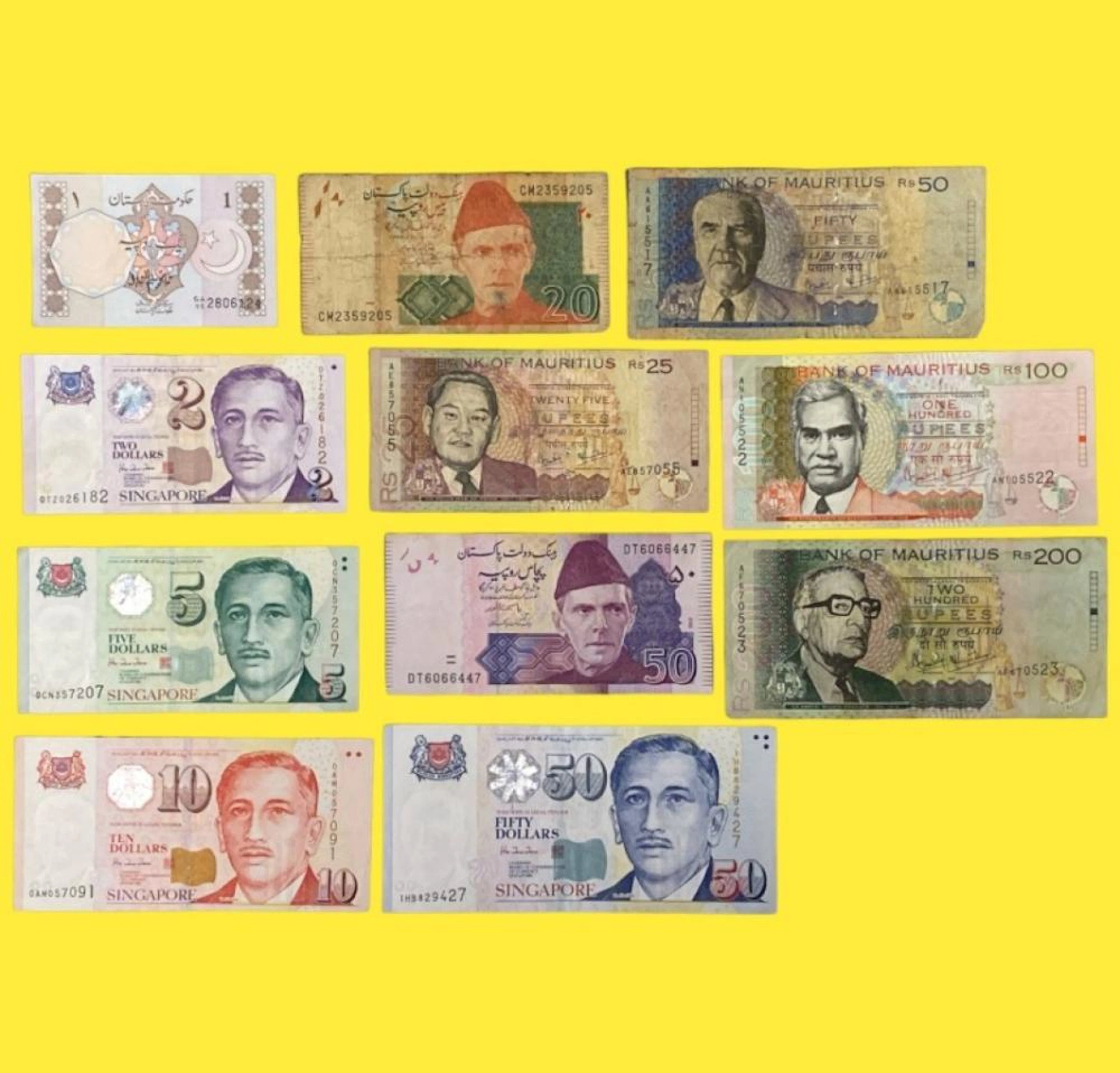 Lote de 15 Notas de Singapura, Maurício e Paquistão