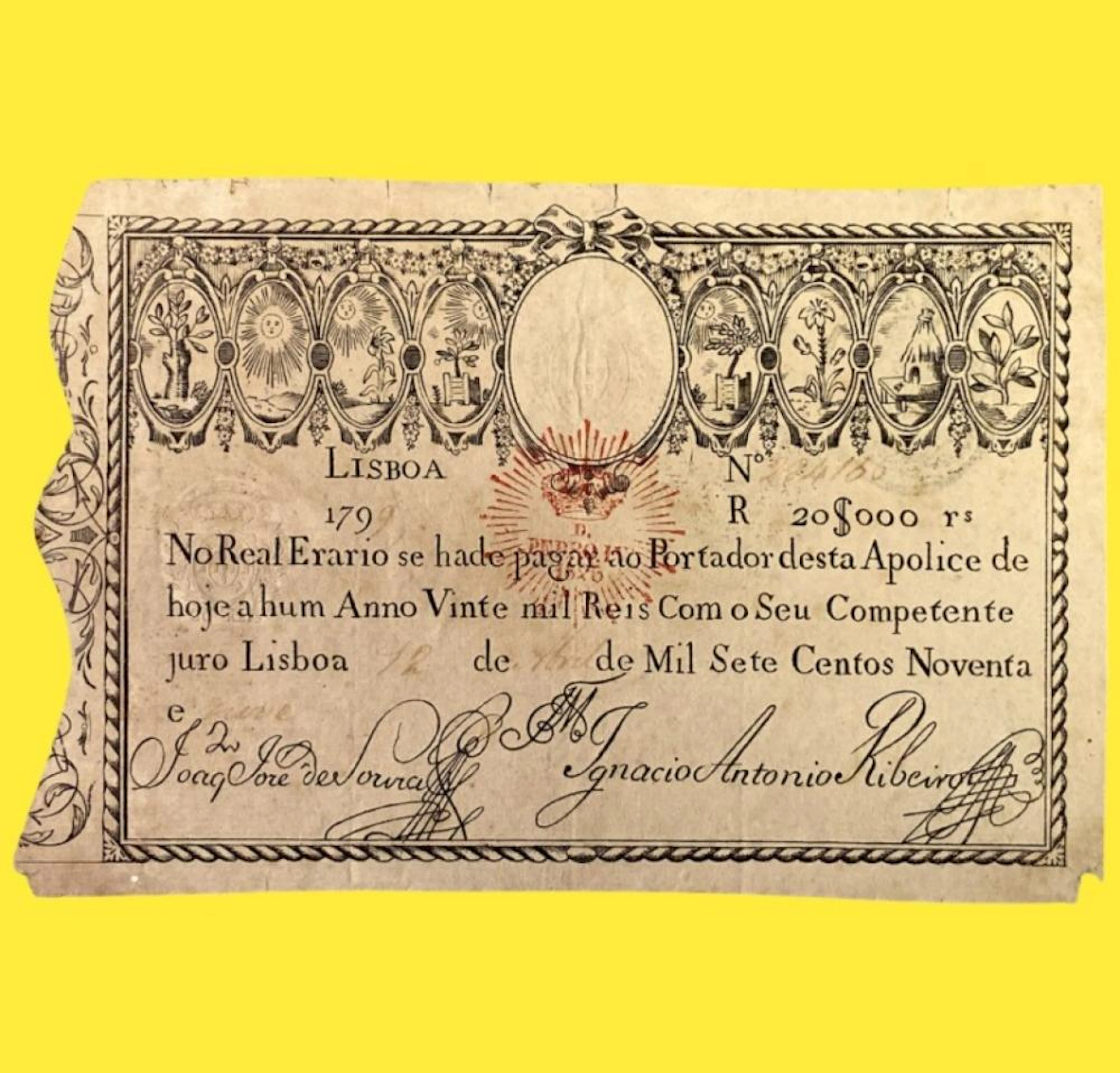 Apólice, 20.000 Réis, 1799, Data Manual, Carimbo Dom Pedro IV, Portugal