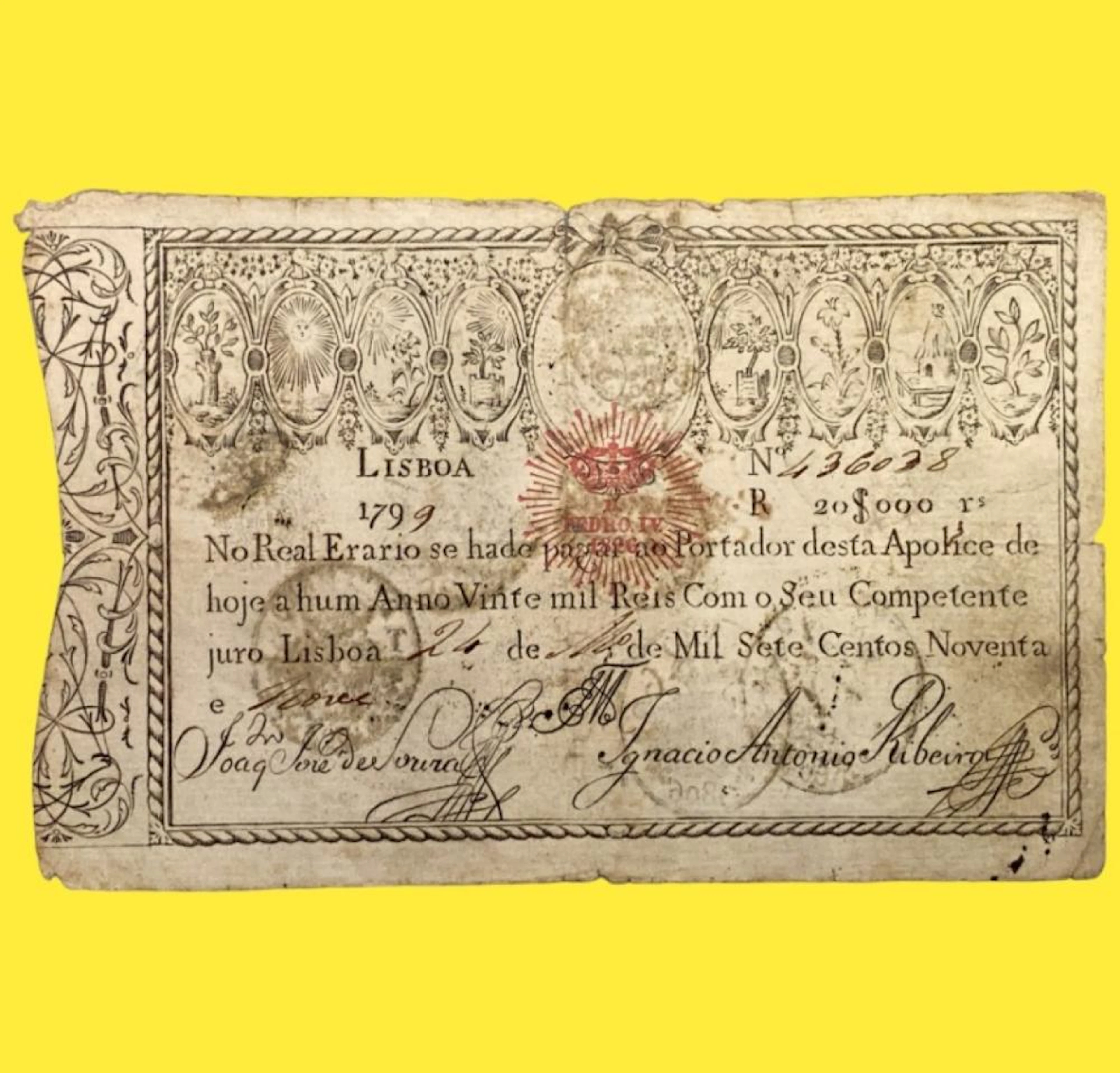 Apólice, 20.000 Réis, 1799, Data Manuscrita, Carimbo Dom Pedro IV, Portugal