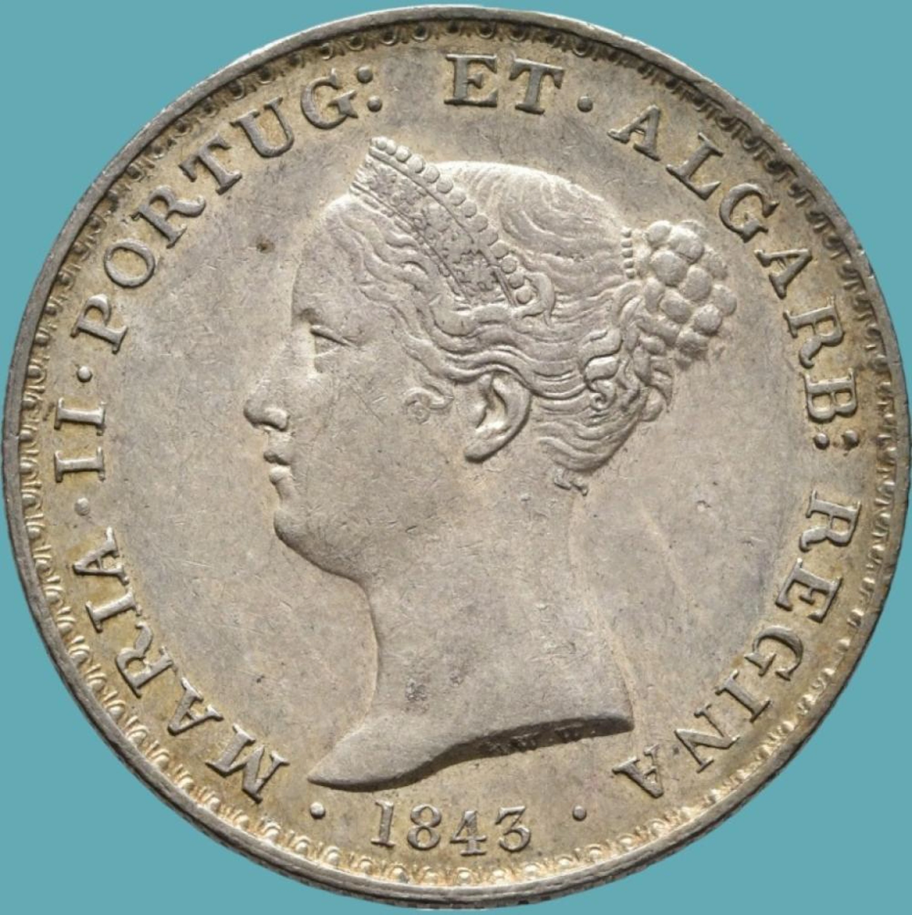 Dona Maria II, Meia Coroa, 5 Tostões (500 Réis),1843, Prata, P.14,81 g.
