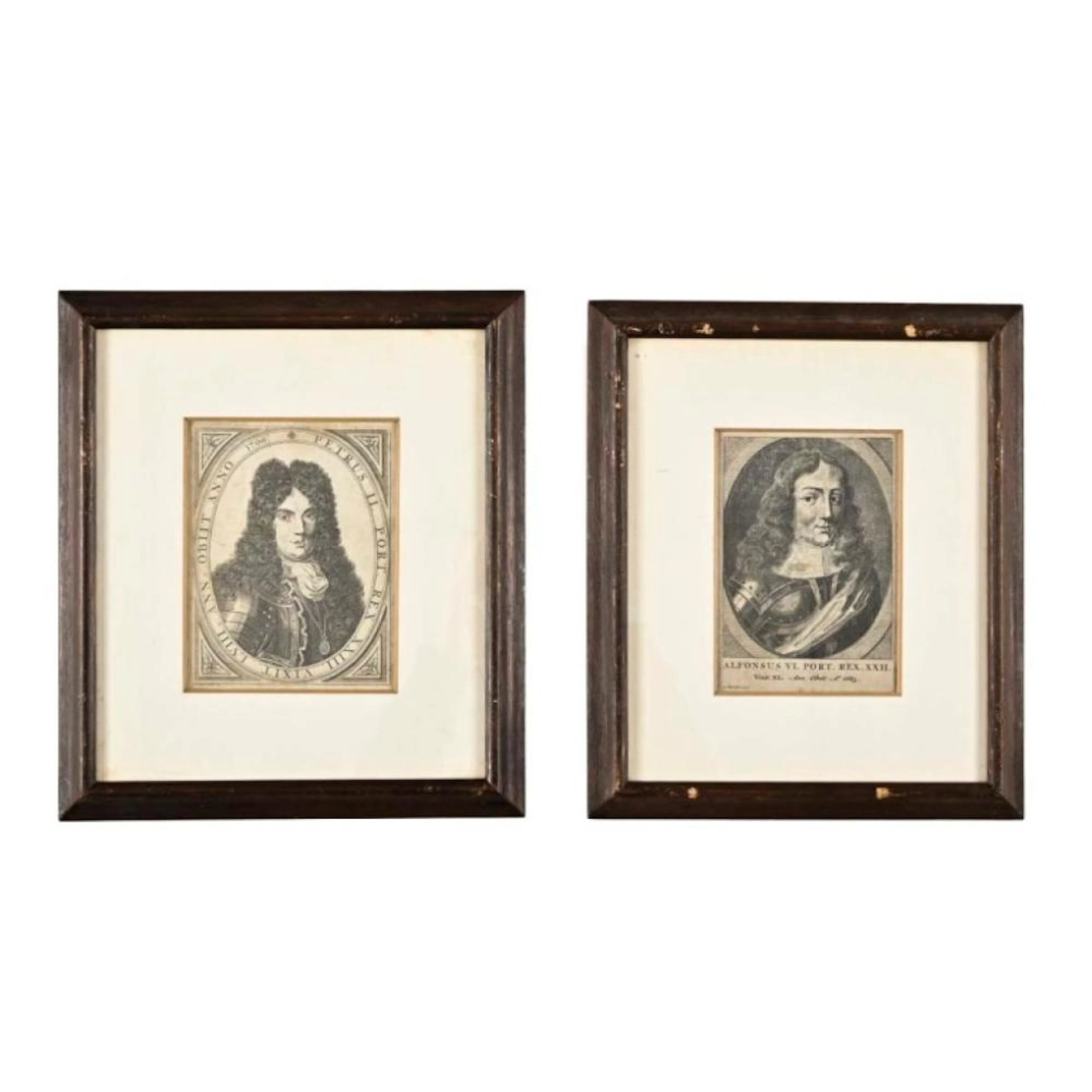 D. AFONSO VI E D. PEDRO II. Lote de 2 gravuras, séc. XVIII