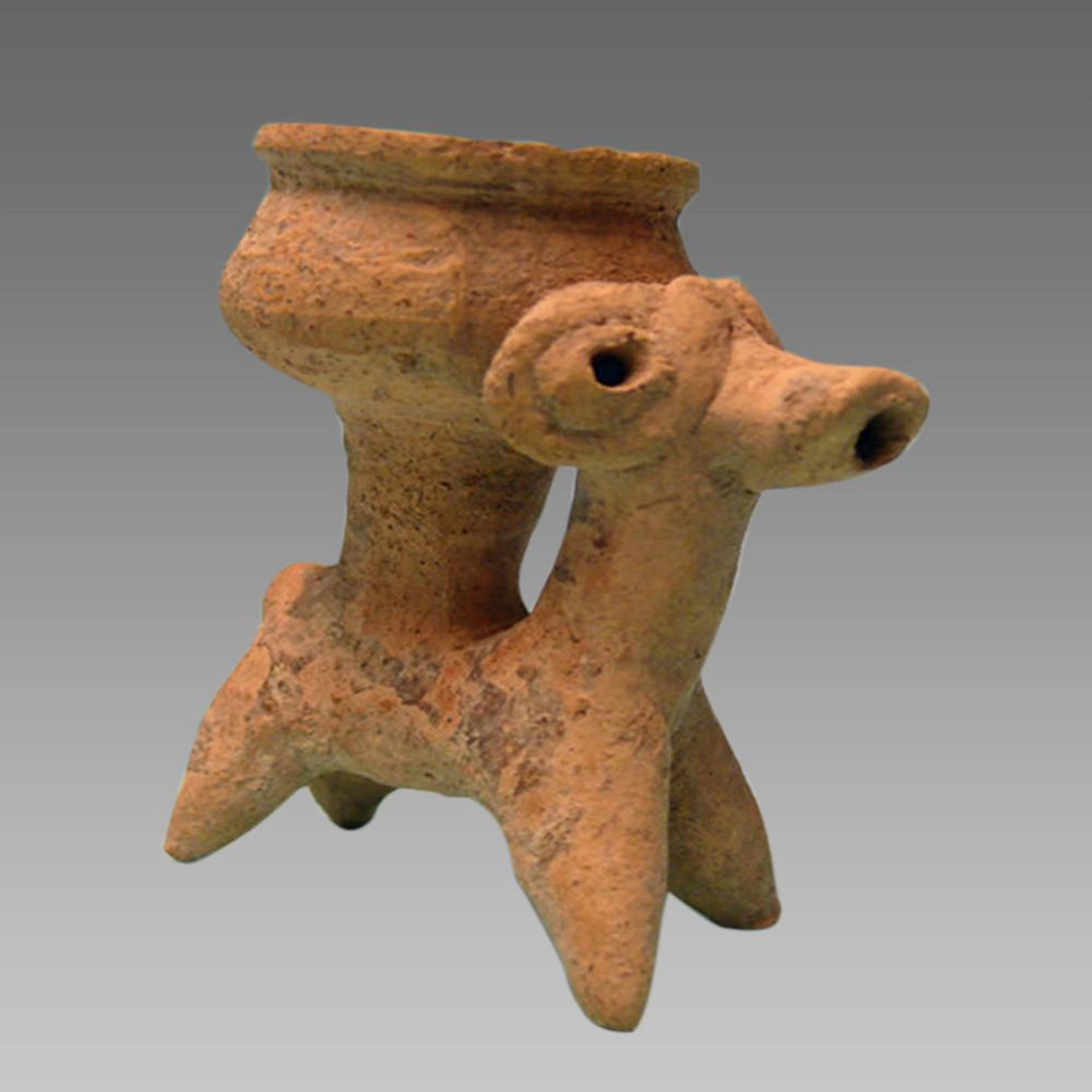Ancient Holy Land Hittite Clay Idol of a Ram with Bowl c.1800 BCE.