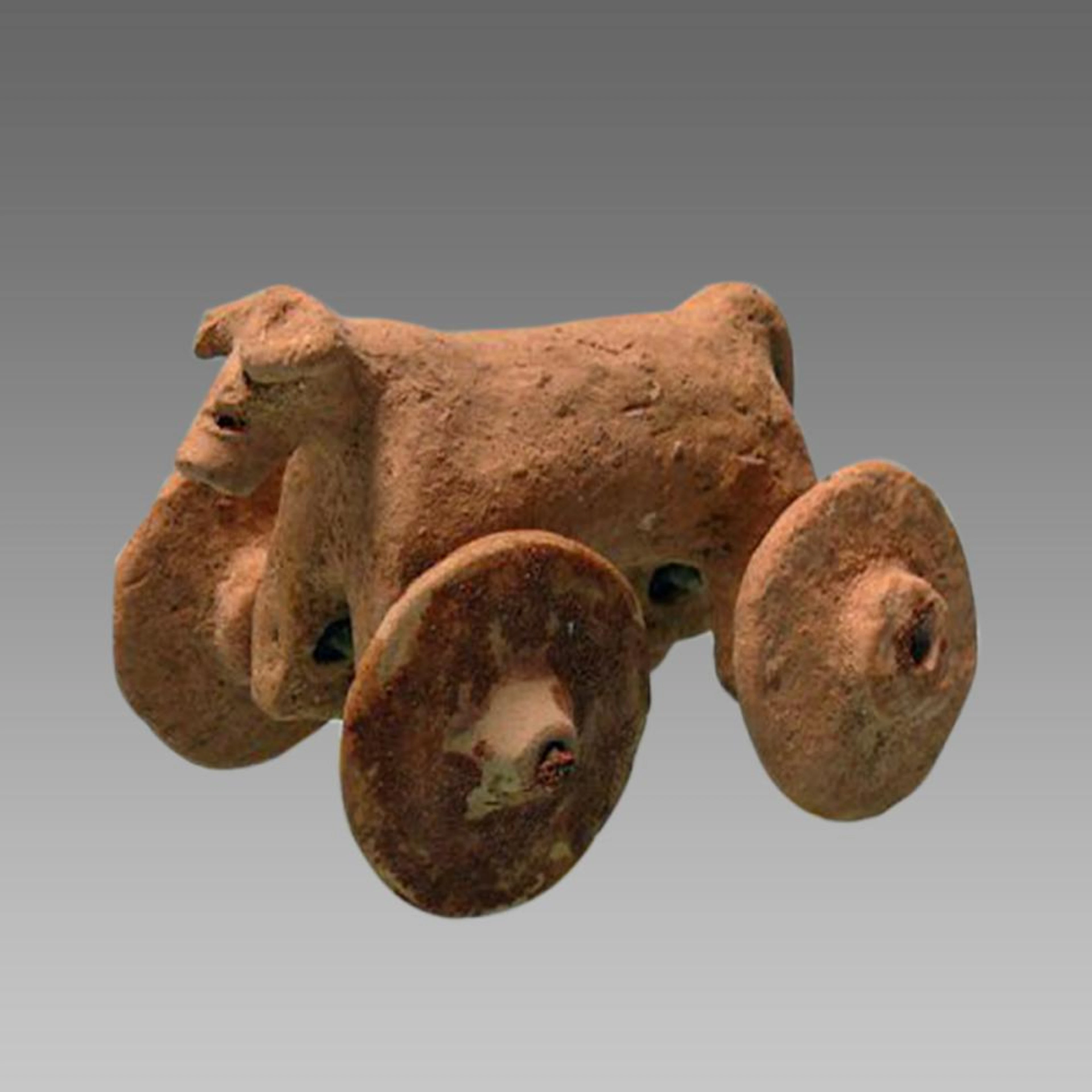 Ancient Elamite Pink Terracotta Toy Mouflon (Sheep) on Wheels c.1500 BC.