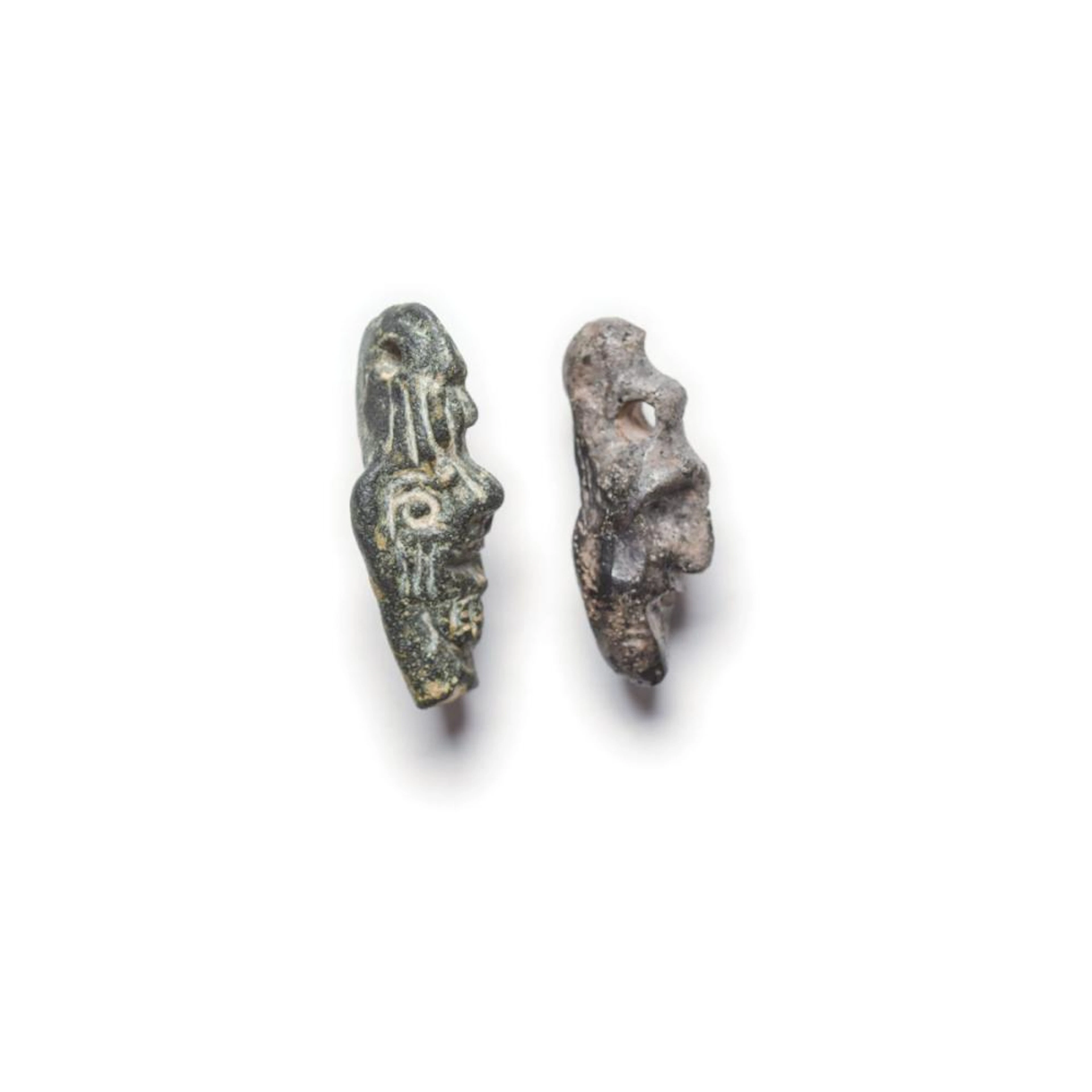 Ancient Mesopotamian Bronze & Glass Head Pendants of...