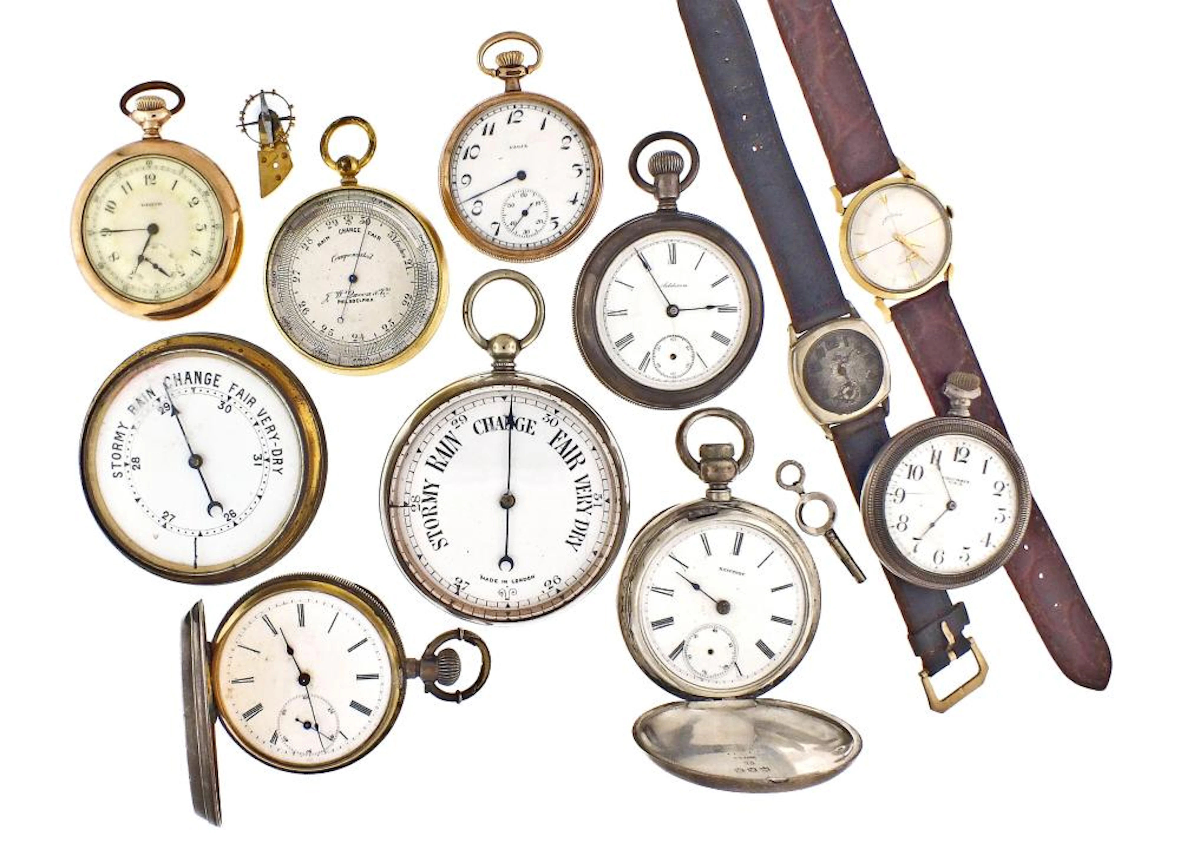 A lot of pocket watches, wrist watches, and barometers