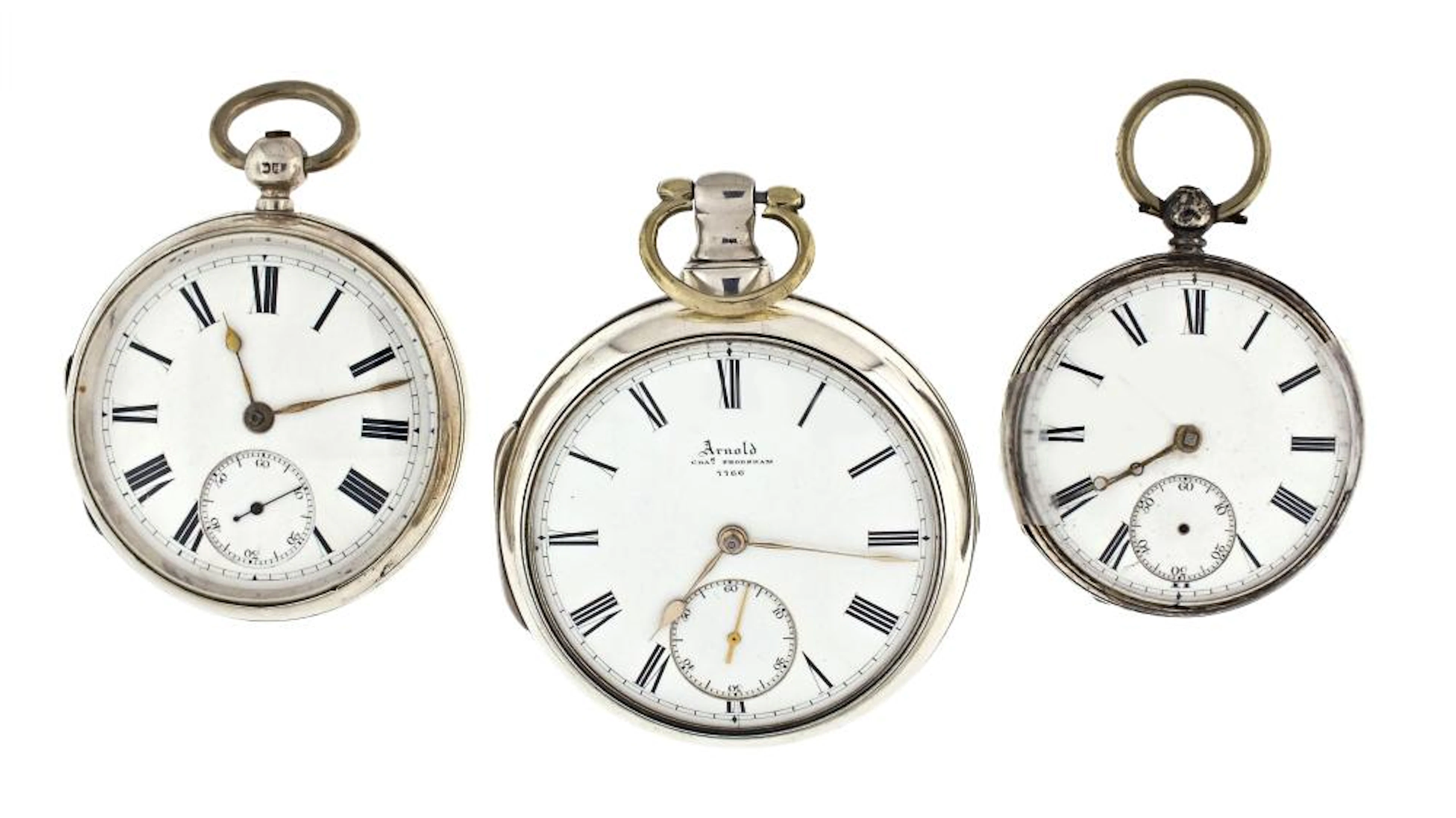 Lot of three 19th century English pocket watches one signed Arnold Chas