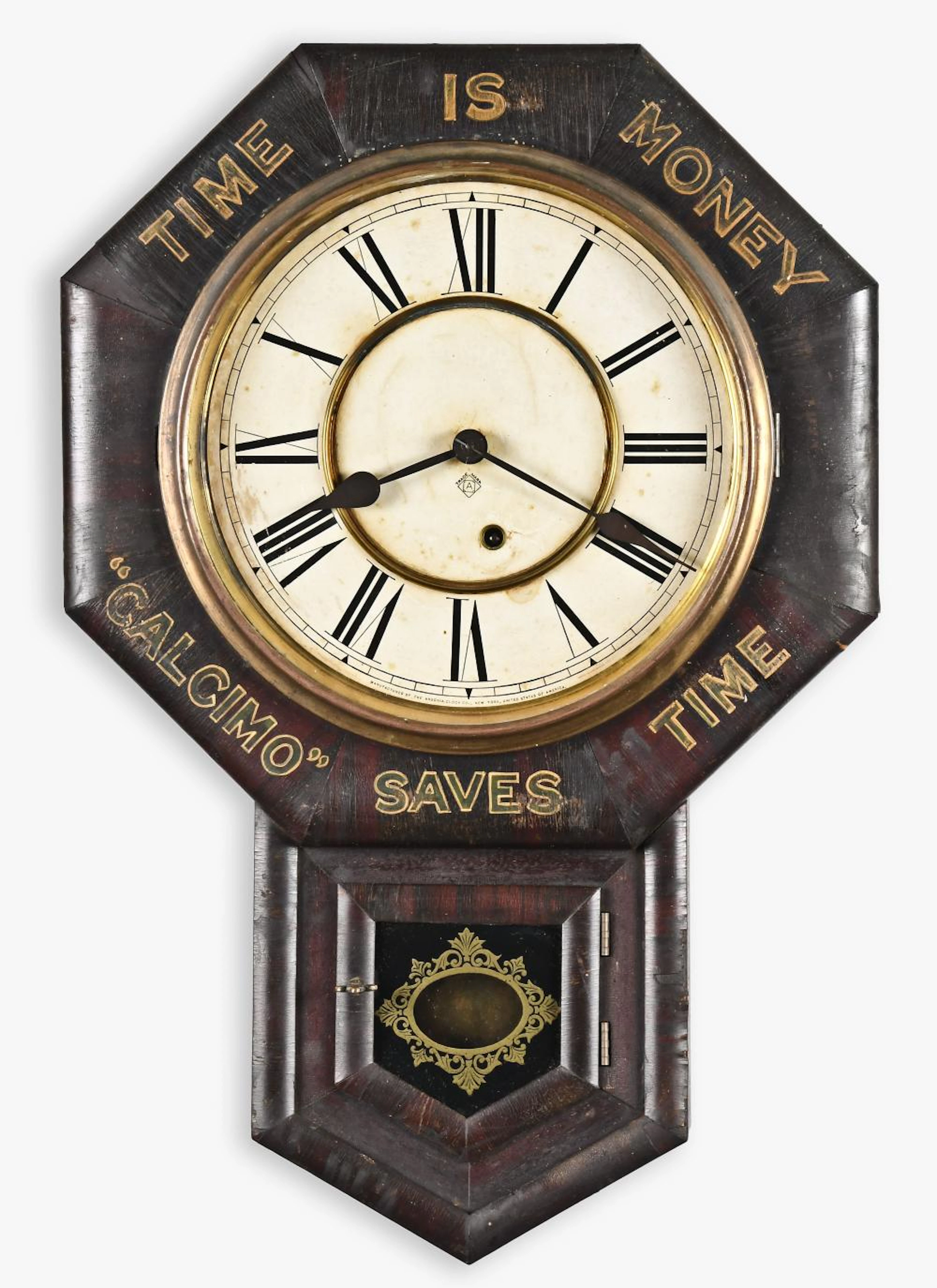 Ansonia Clock Co., "10 inch drop octagon", advertising wall clock,