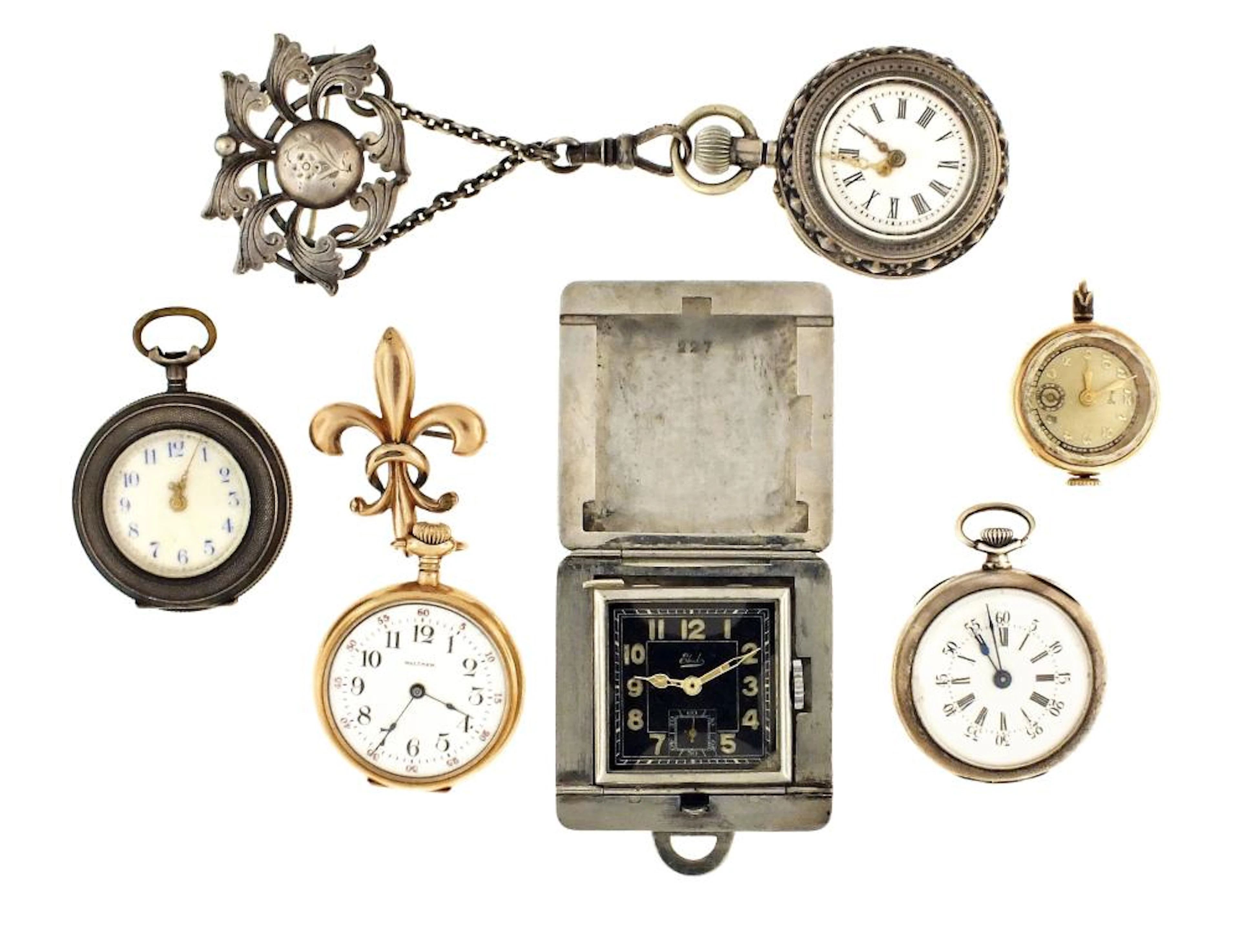 A lot of six pendant watches and a folding purse watch
