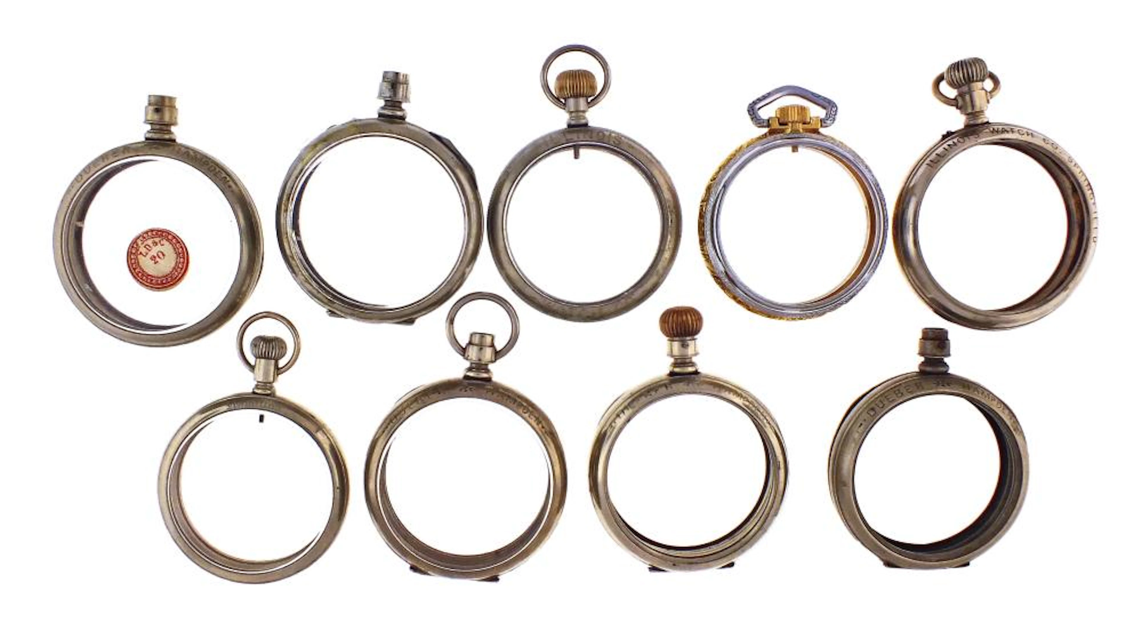 A lot of nine 16 and 18 size pocket watch display cases some branded