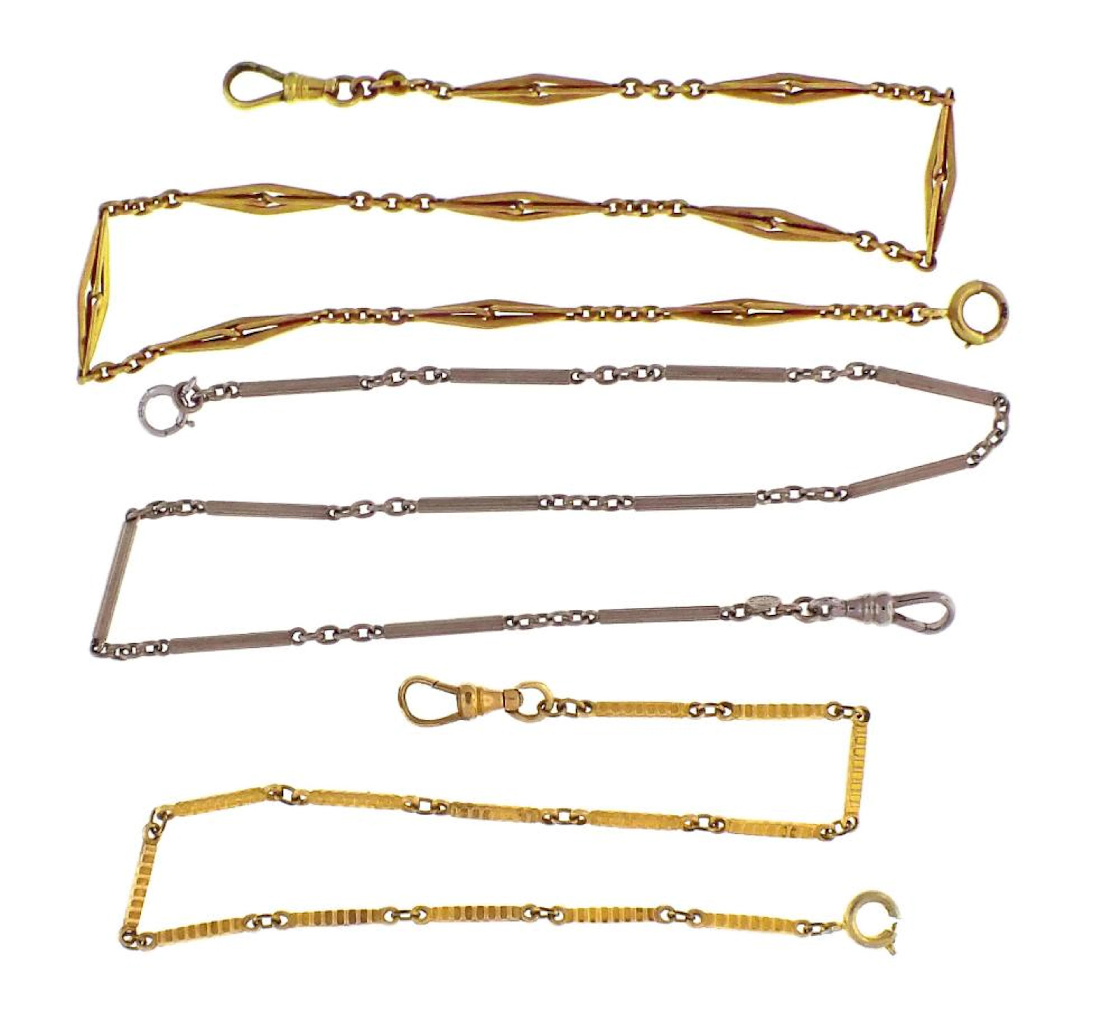 A lot of five watch chains, two in 14 karat gold