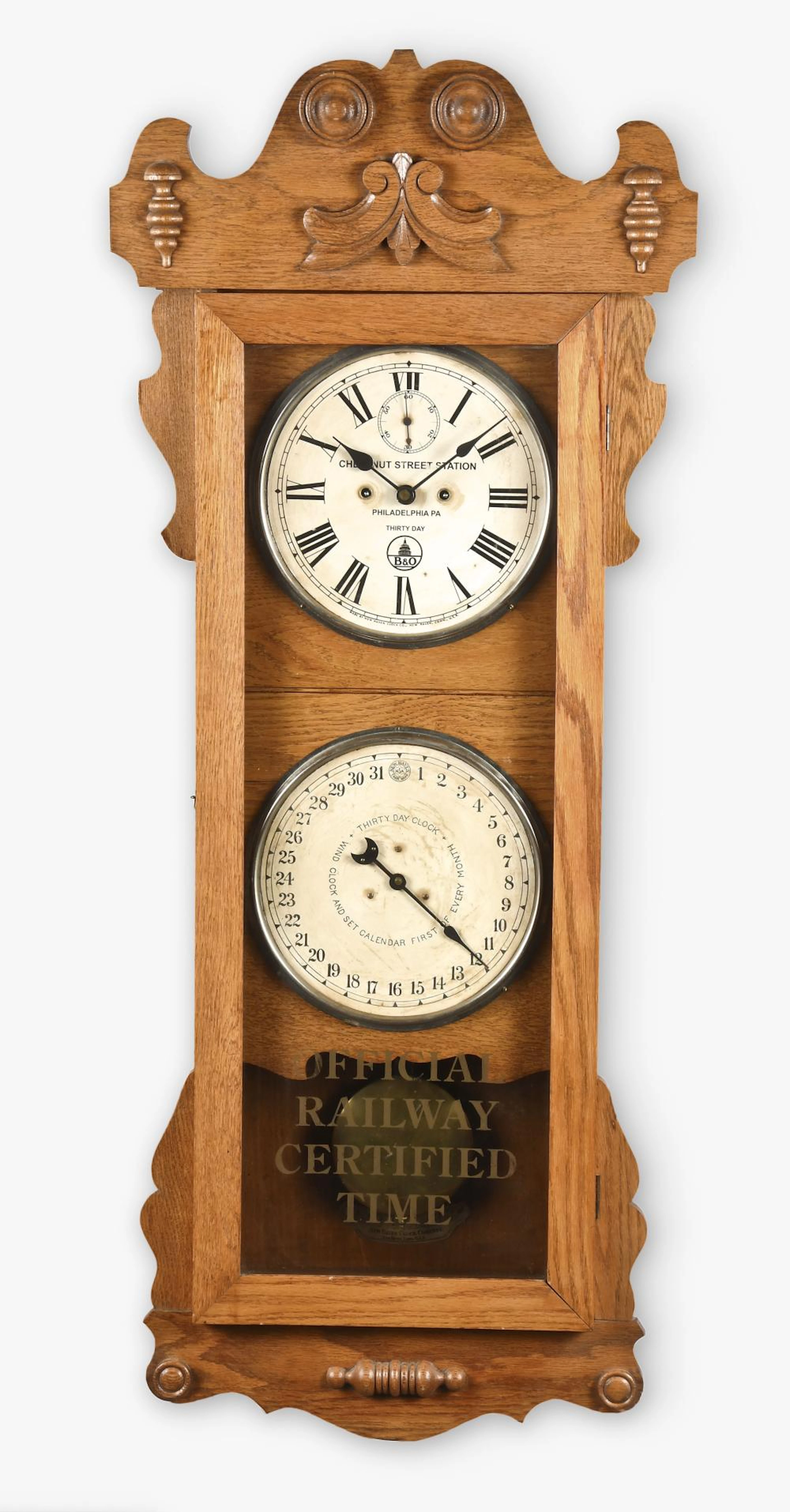 ew Haven Clock Co. Rutland double dial calendar clock