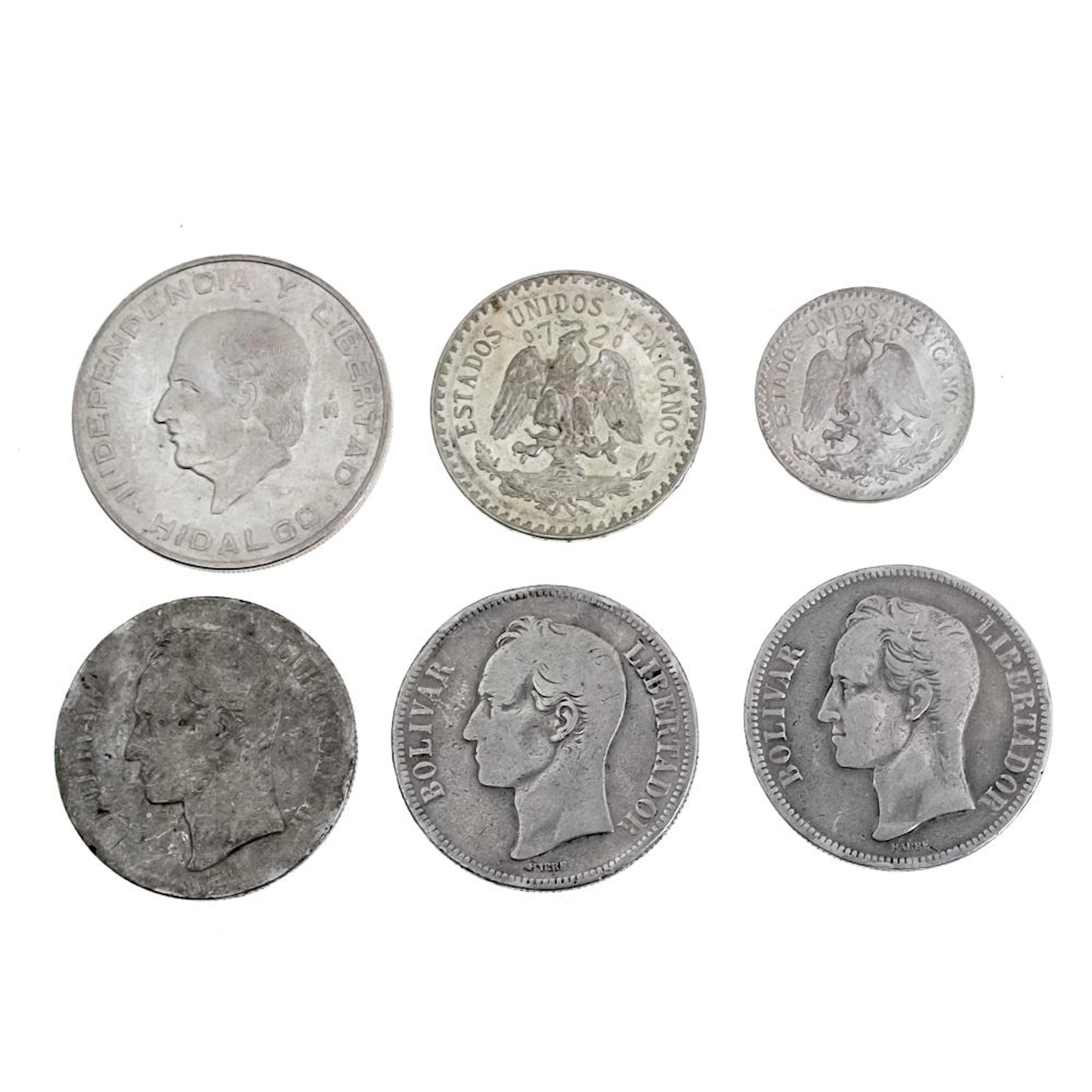 SIX SILVER COINS, MEXICO AND VENEZUELA.