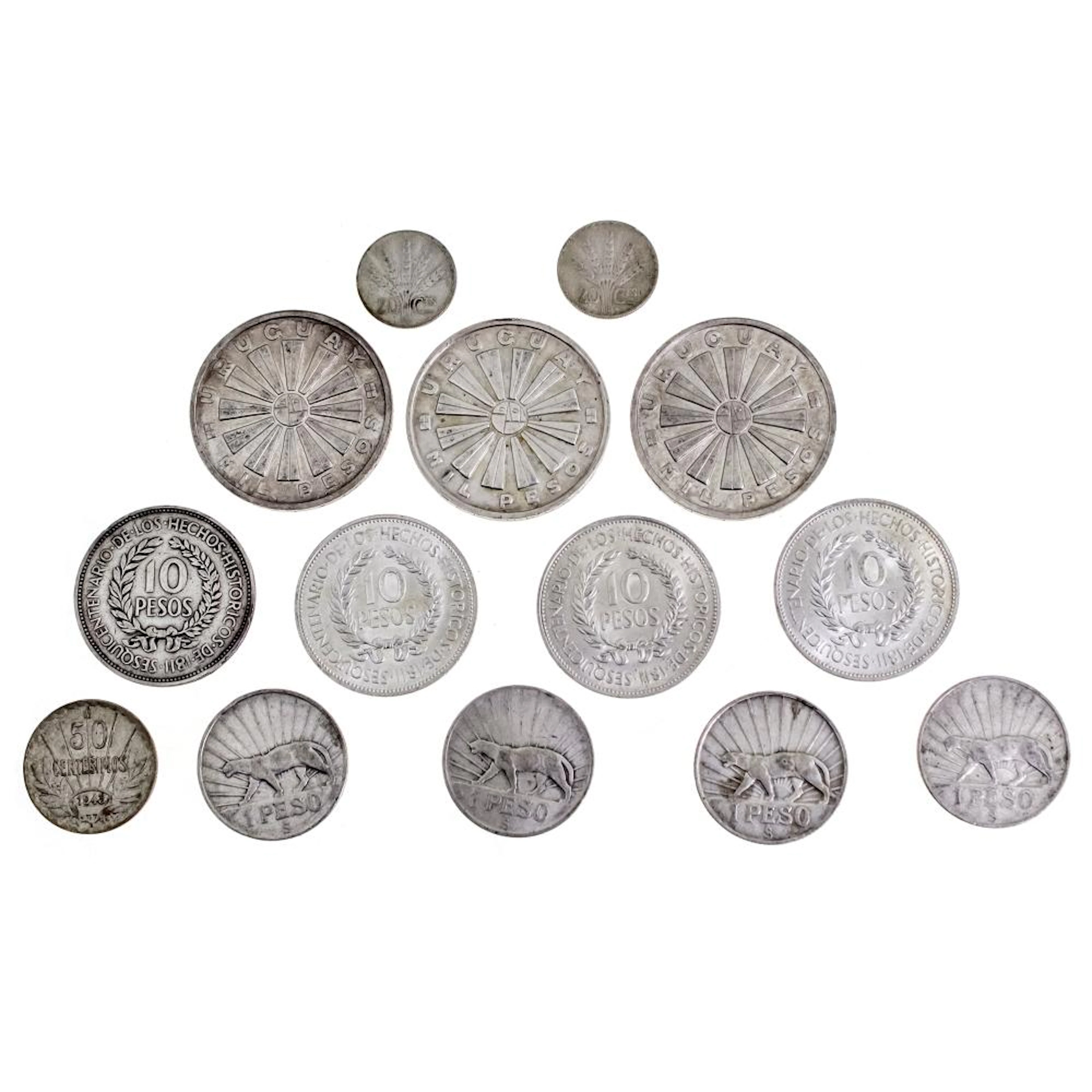 14 SILVER COINS LOT, URUGUAY.