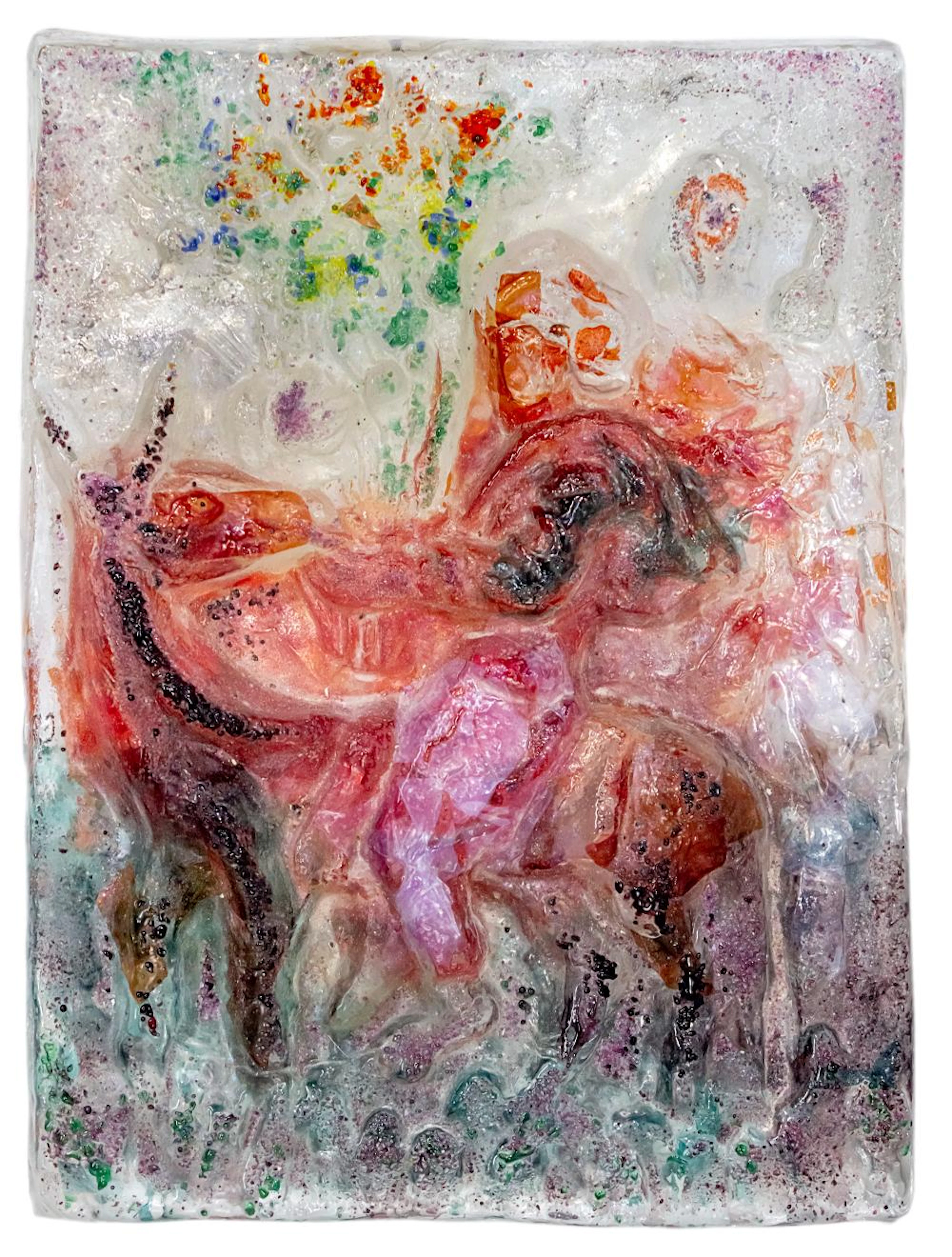 REUVEN RUBIN (1893-1974) - MAN WITH FLOWERS ON DONKEY, GLASS SCULPTURE, 1970.