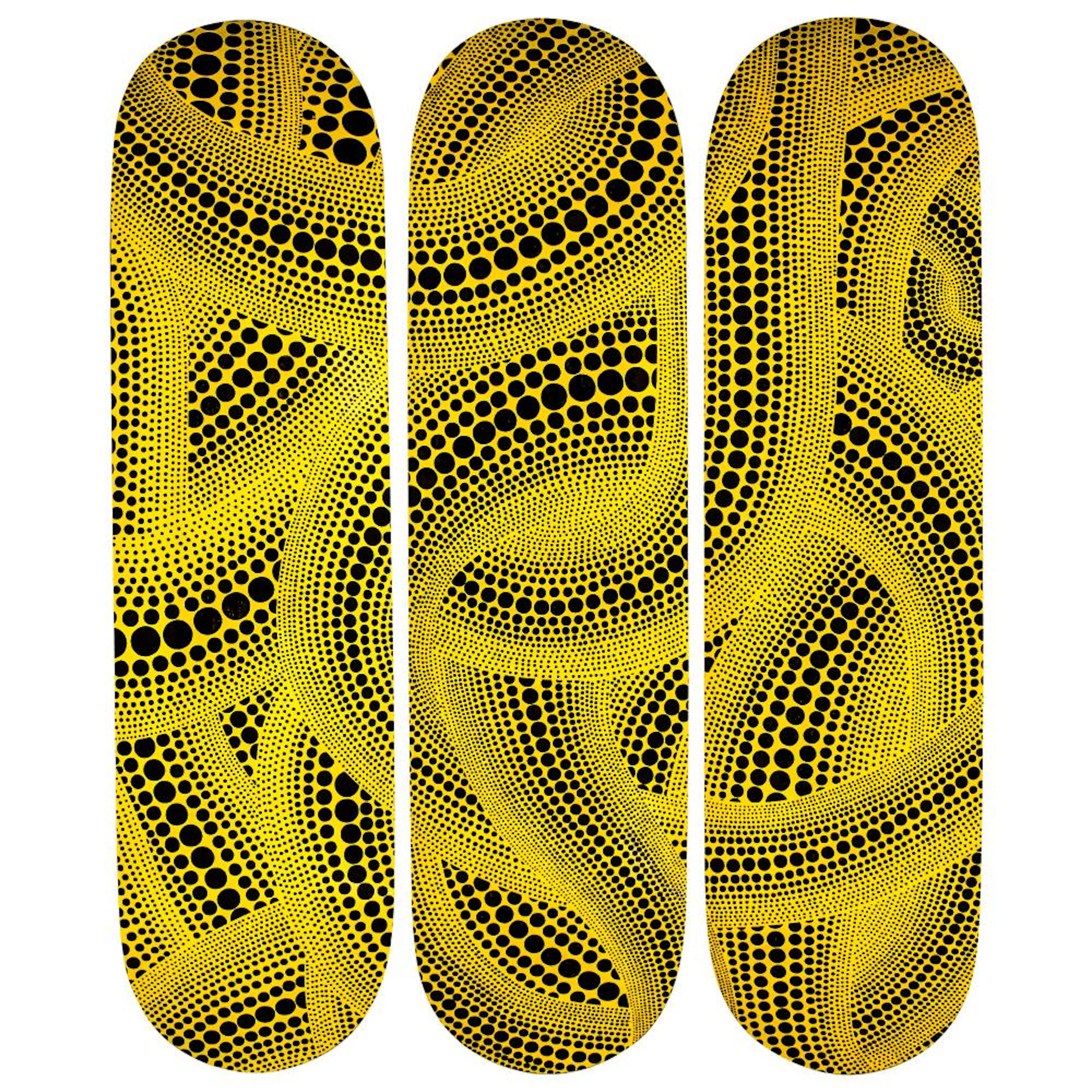YAYOI KUSAMA (JAPANESE, B.1929) - YELLOW TREES, SKATEBOARD TRIPTYCH, 2018.