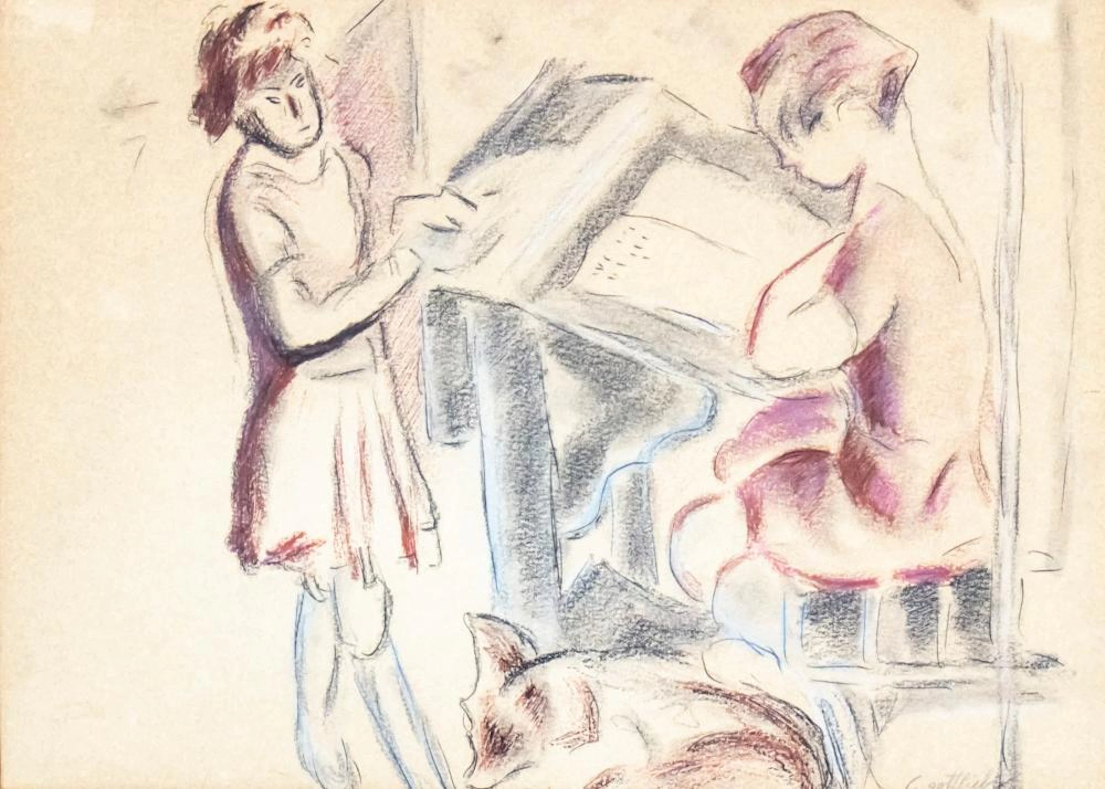 LEOPOLD GOTTLIEB (POLISH, 1879-1933) - TEACHER AND STUDENT, PASTEL ON PAPER.