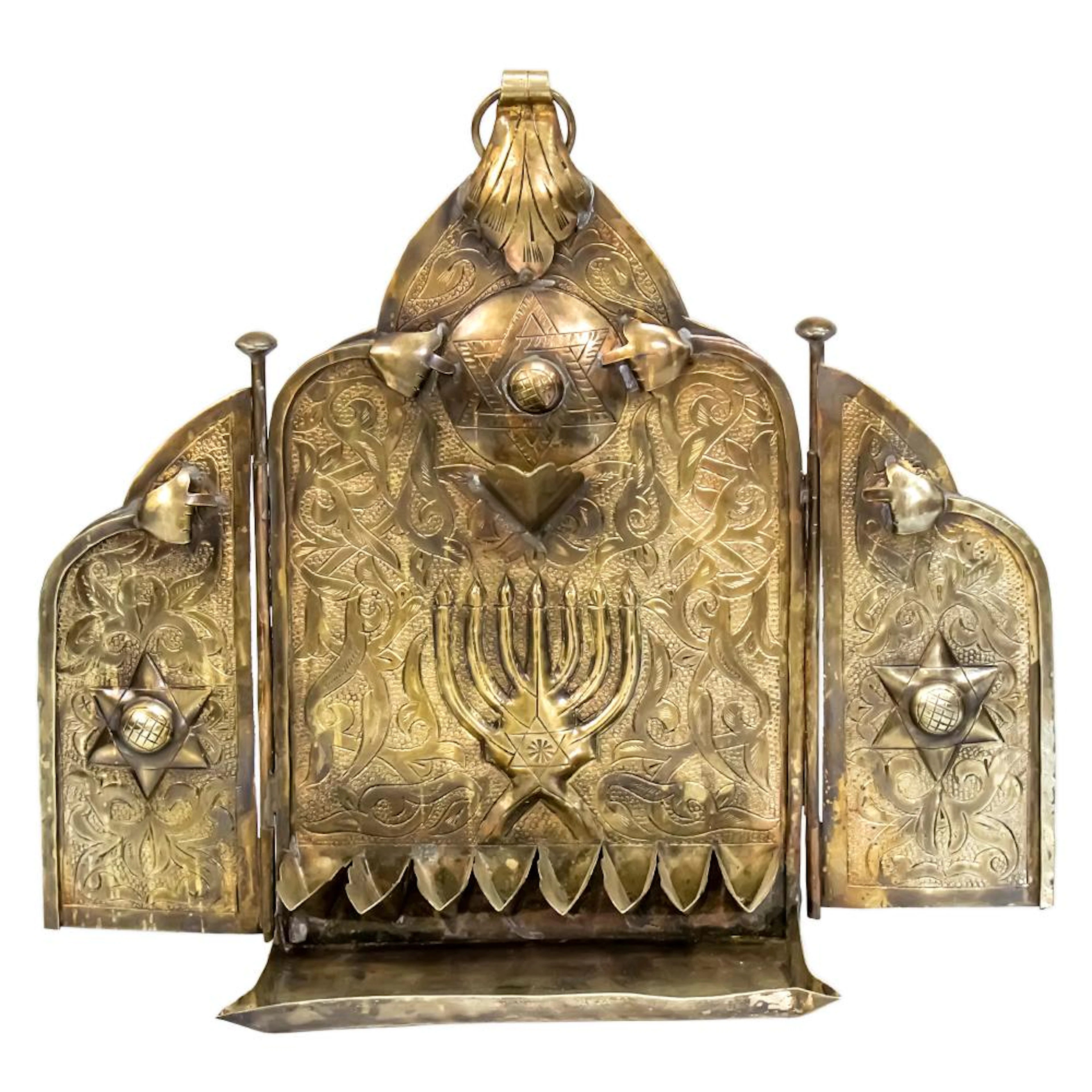 MOROCCAN STYLE BRASS HANUKKAH LAMP MENORAH, JUDAICA.