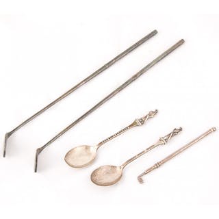 418: 2 spoons & 3 golf swizzle sticks silver