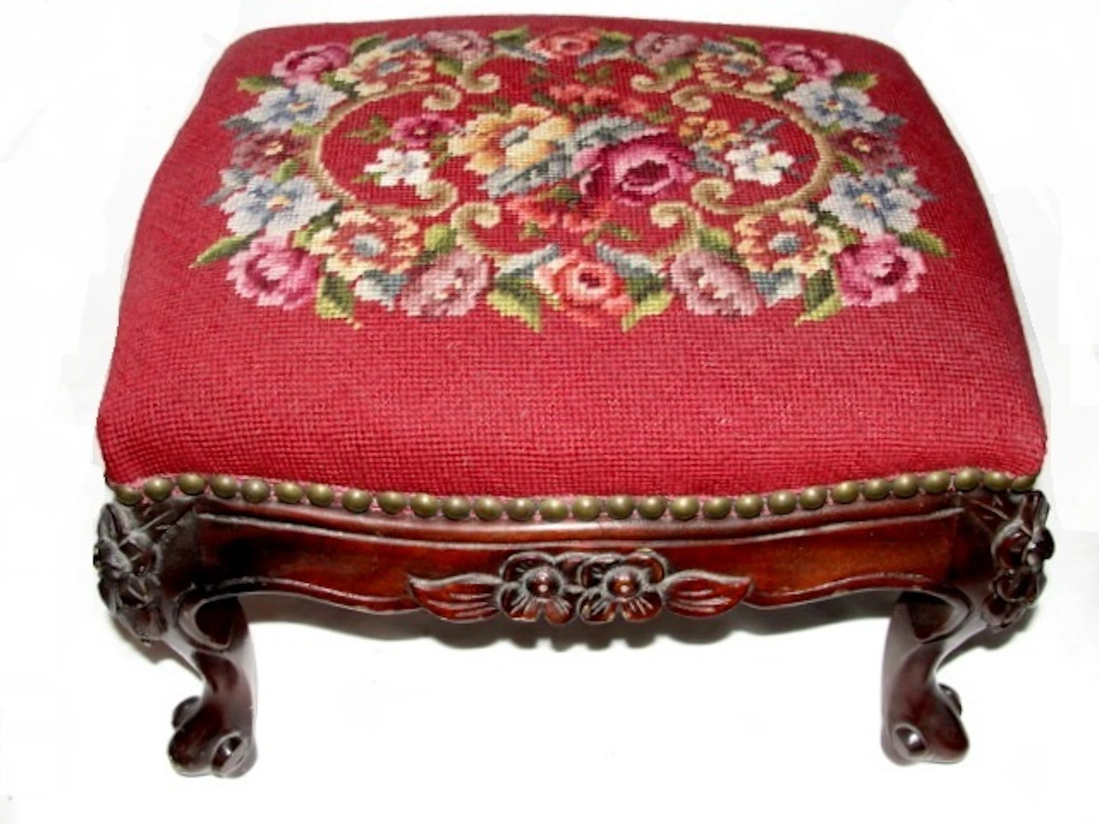 French Carved Needlepoint Footstool