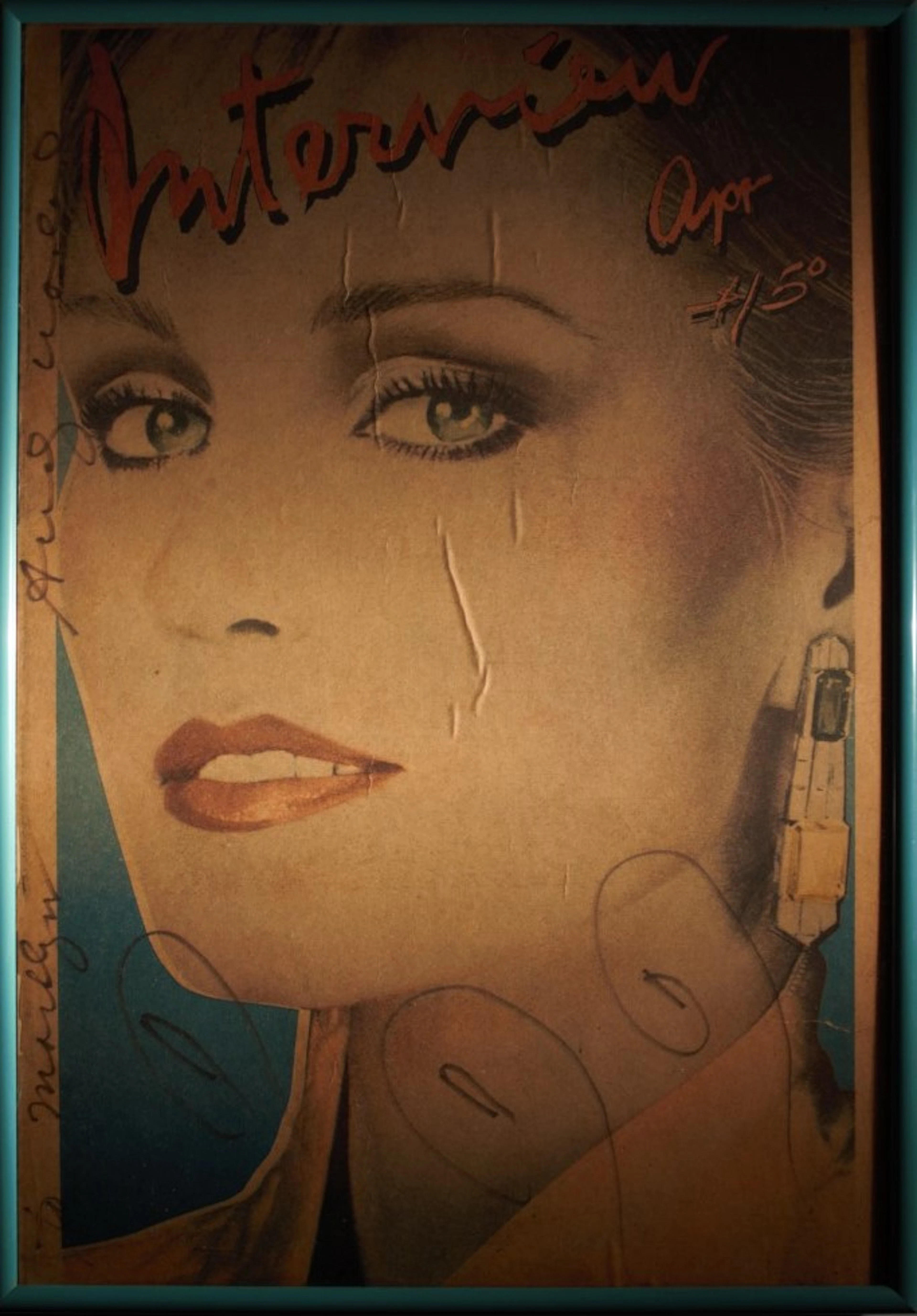 Authentic signed Andy Warhol Interview magazine cover with original art
