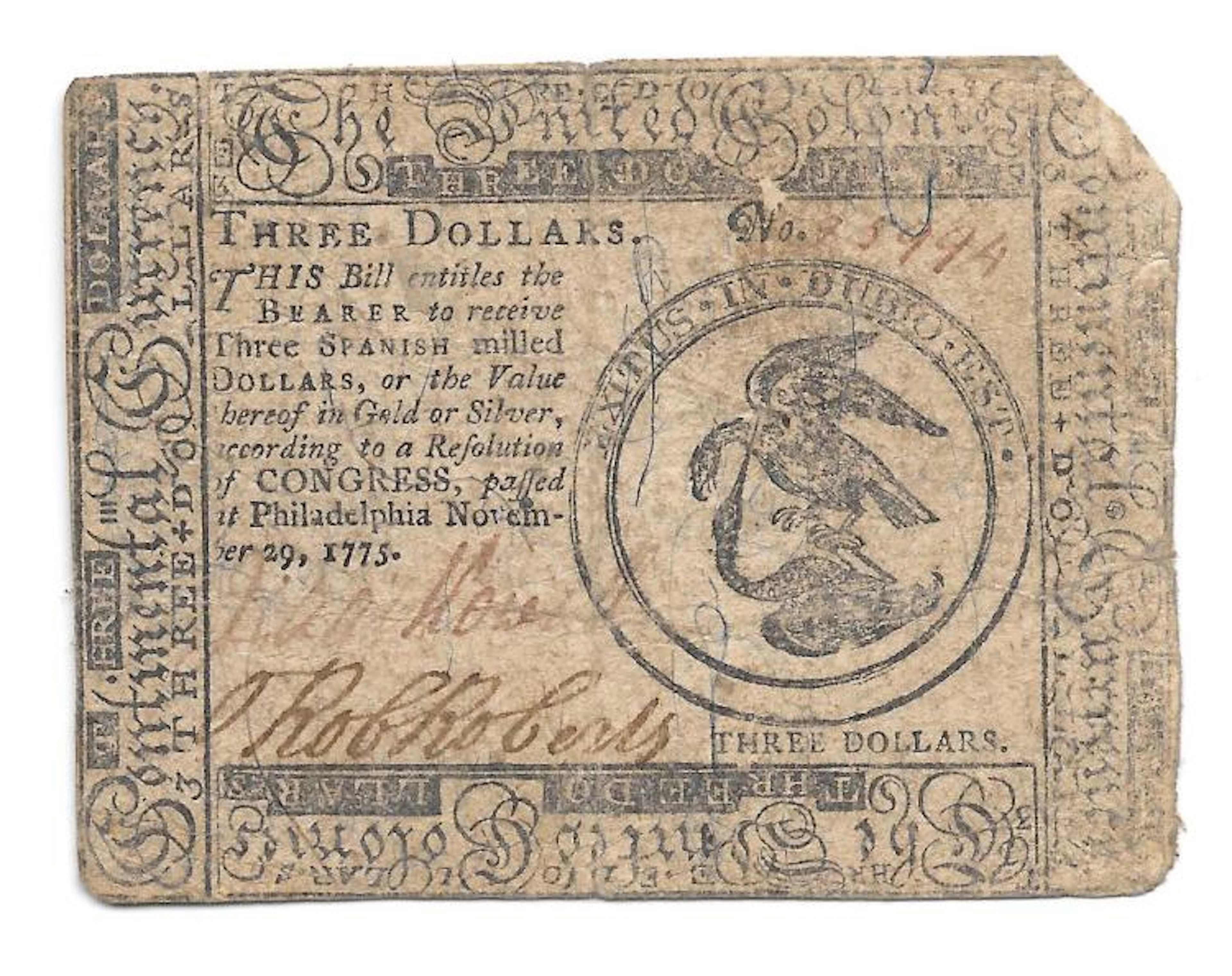 Continental currency $3 November 29, 1775