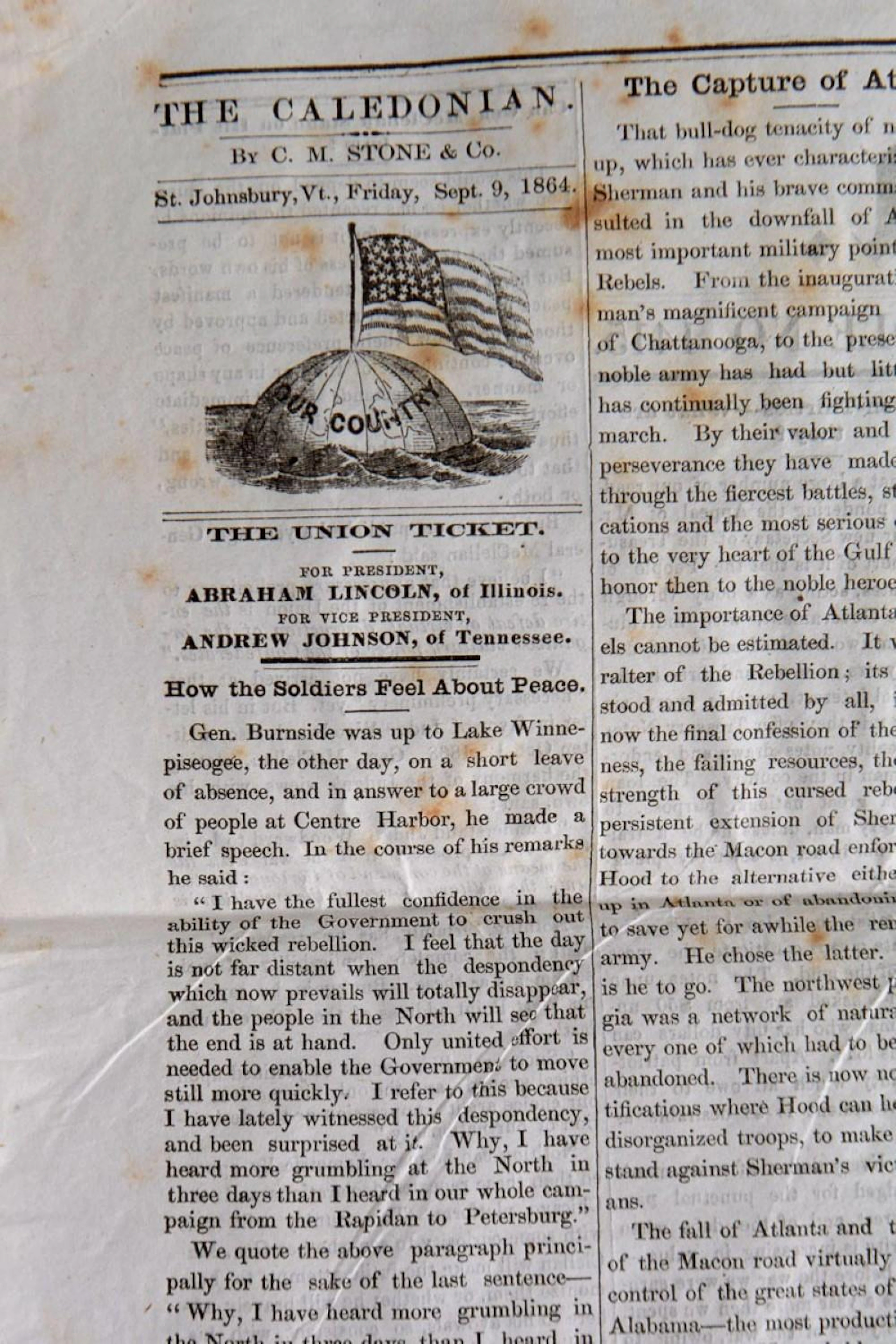 Abraham Lincoln election ticket, 1864 newspaper