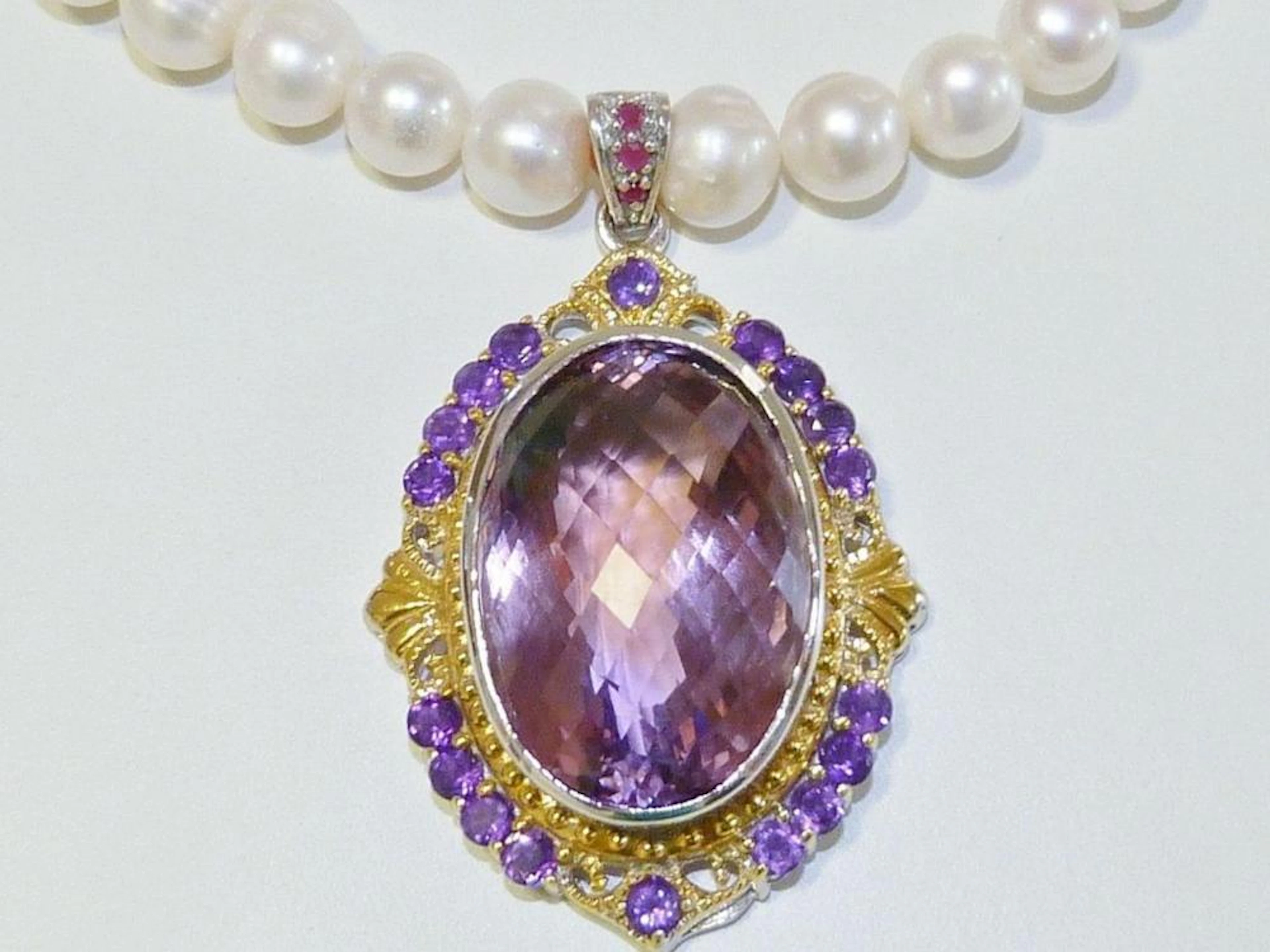 Brilliant 58.89ct Ametrine, Amethyst, Ruby, Pearl Necklace