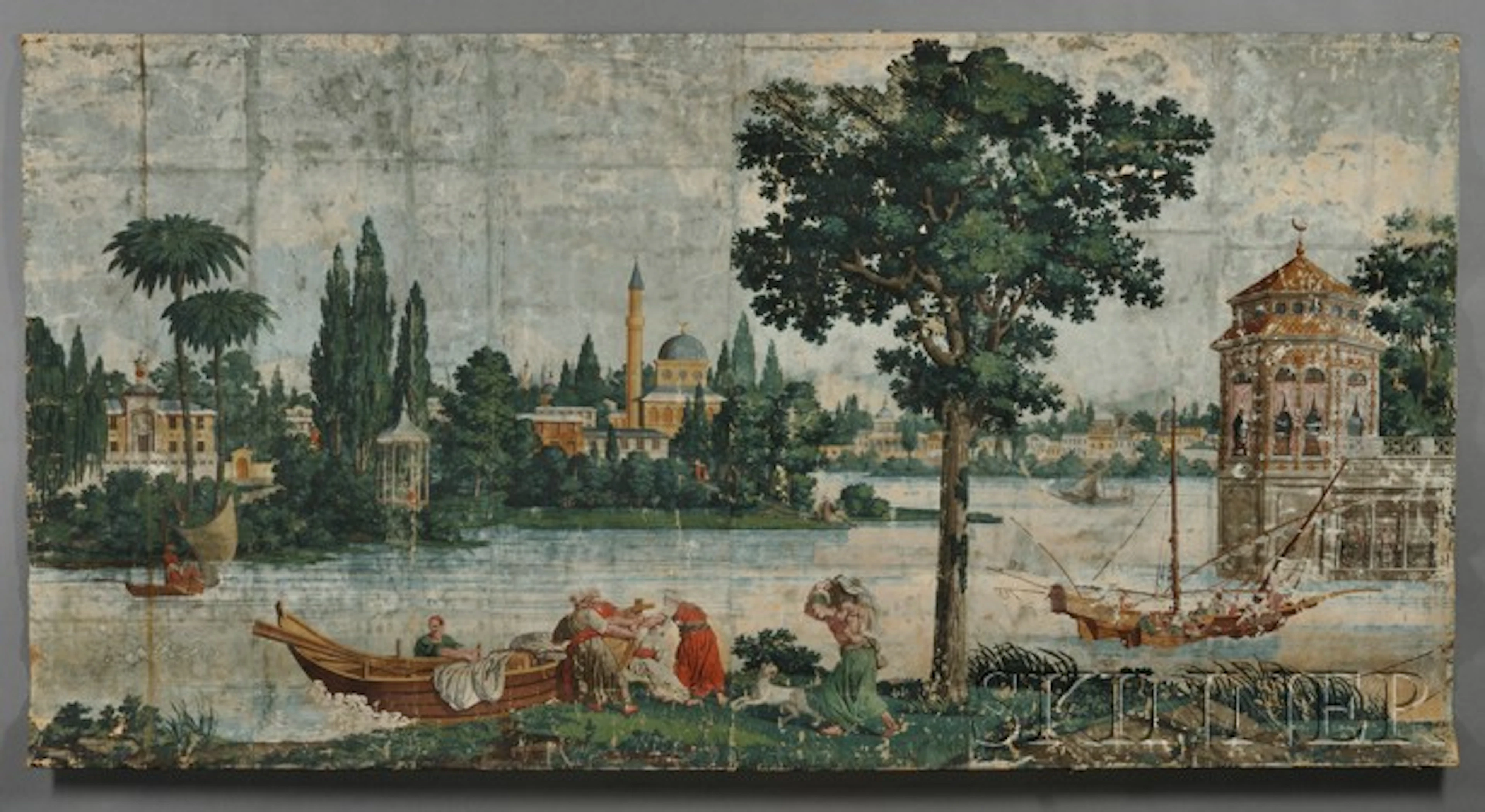 Polychrome-painted Wallpaper Mural "On the Banks of the Bosporus,"