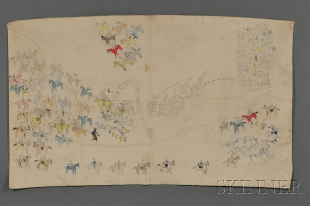 Rare Pictograph Drawing on Muslin by Chief Henry One Bull (Sitting Bull's Nephew)