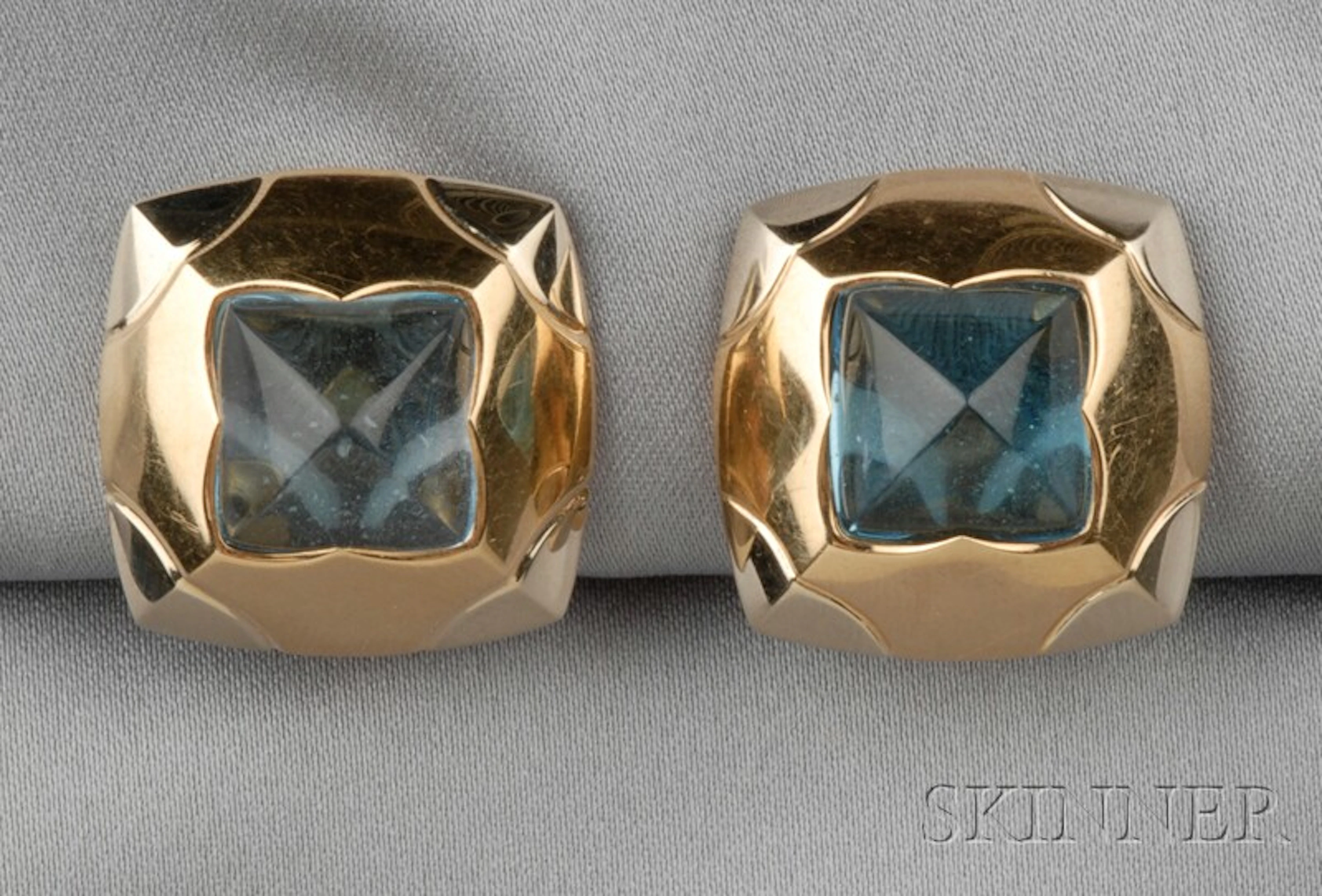 18kt Bicolor Gold and Blue Topaz Pyramid Earclips, Bulgari
