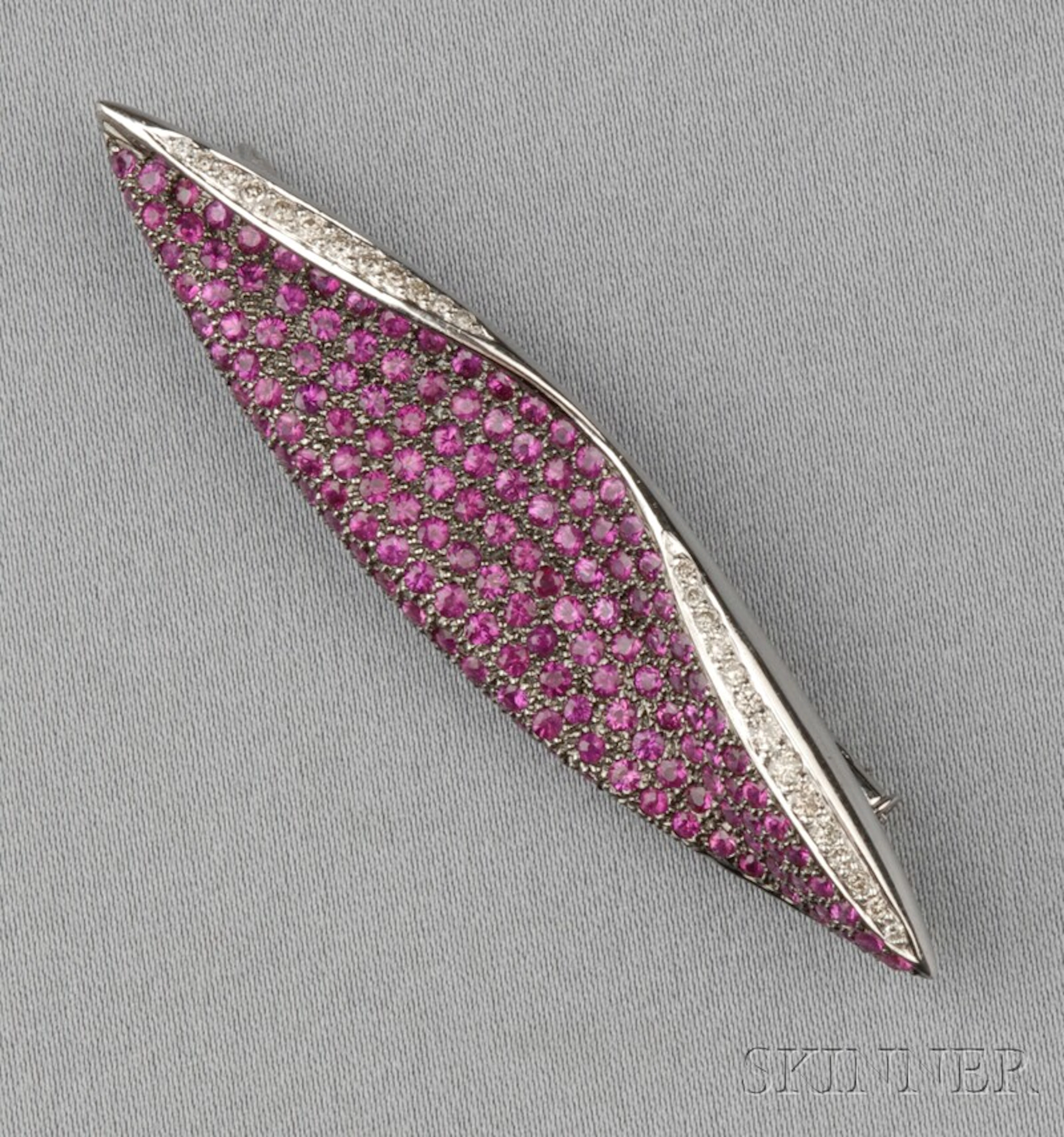 14kt White Gold, Pink Sapphire, and Diamond Brooch