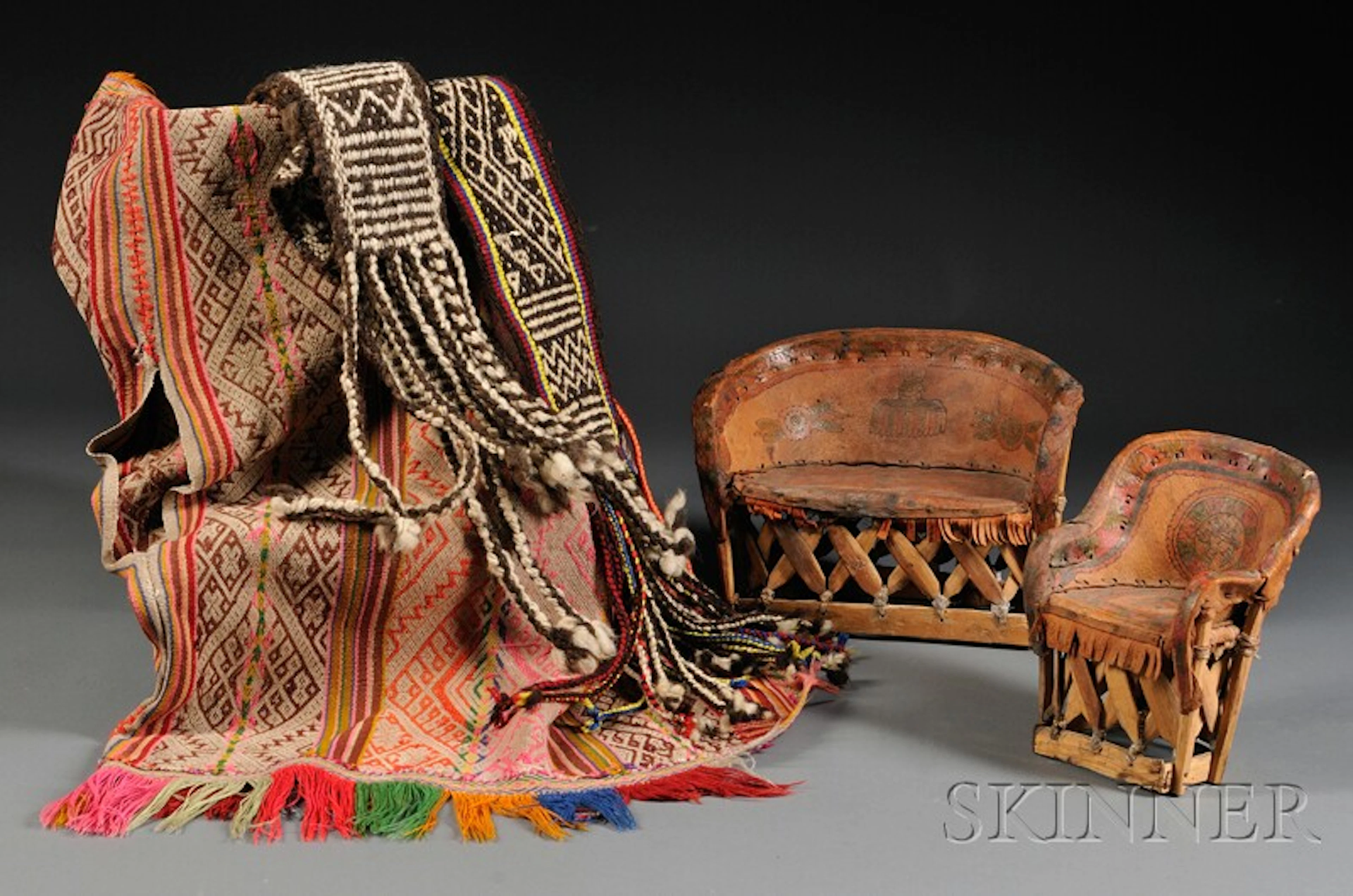 Three South American Weavings and Two Miniature Mexican Furniture Items.