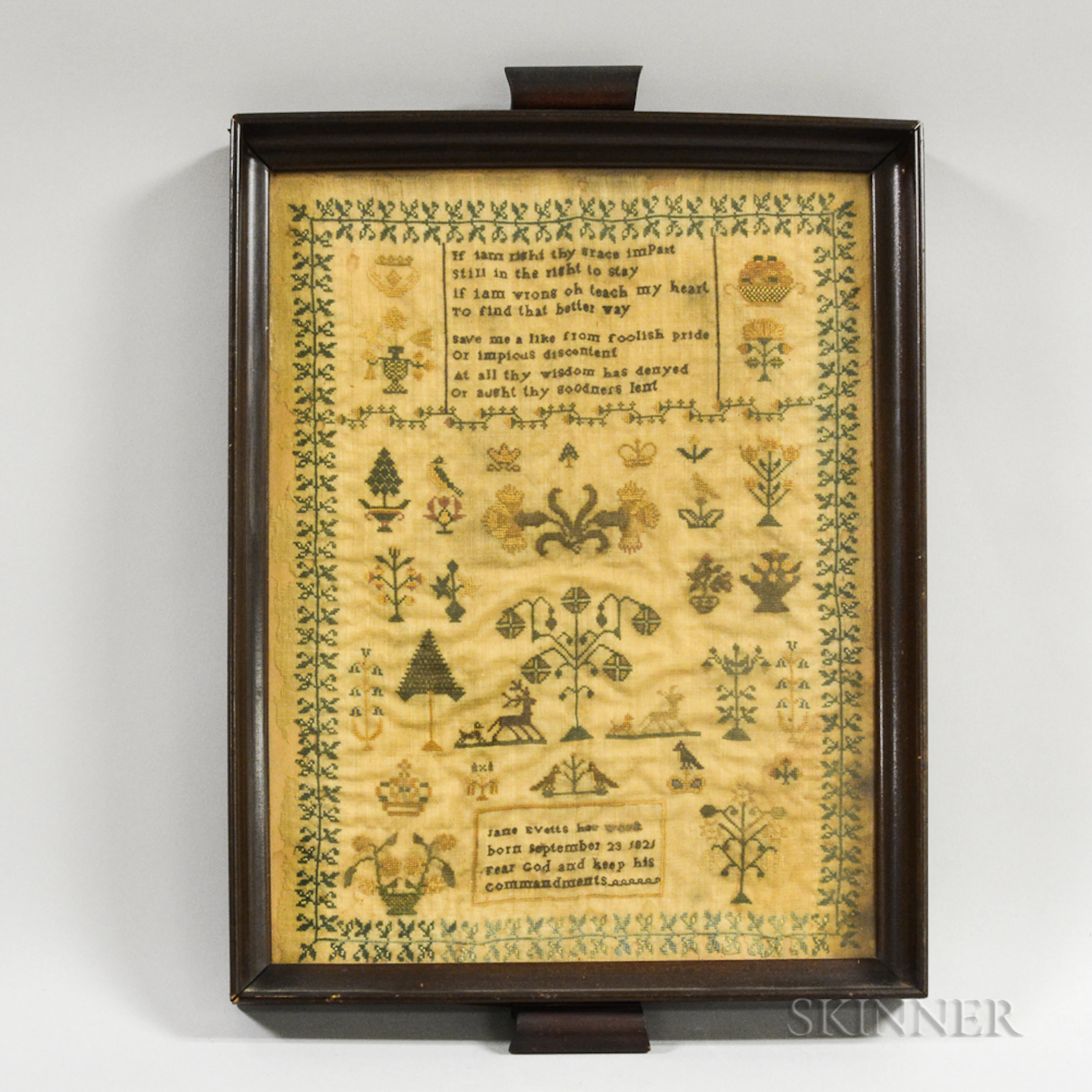 Framed Needlework Sampler "Jane Evetts,"