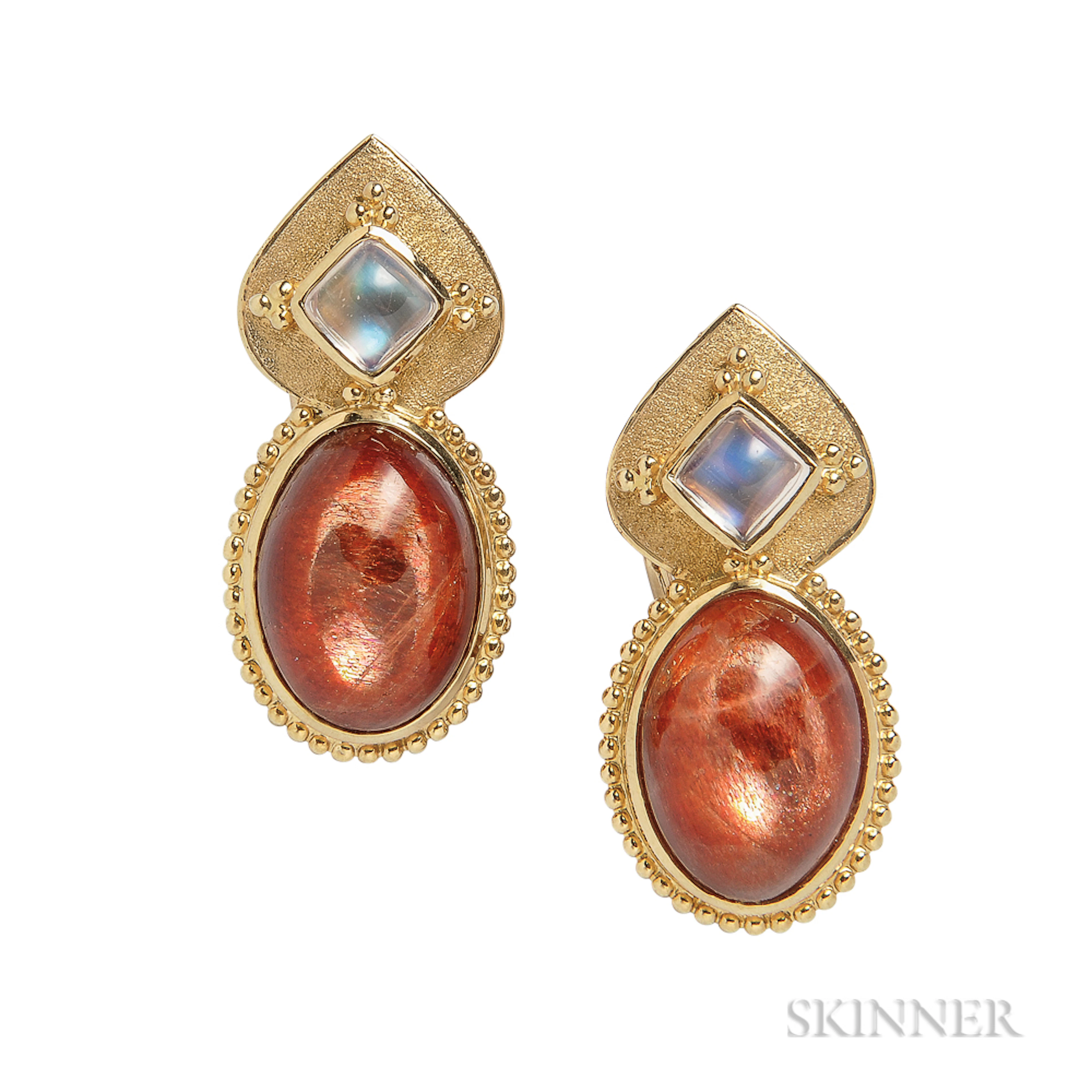 18kt Gold, Sunstone, and Moonstone Earrings, Paula Crevoshay