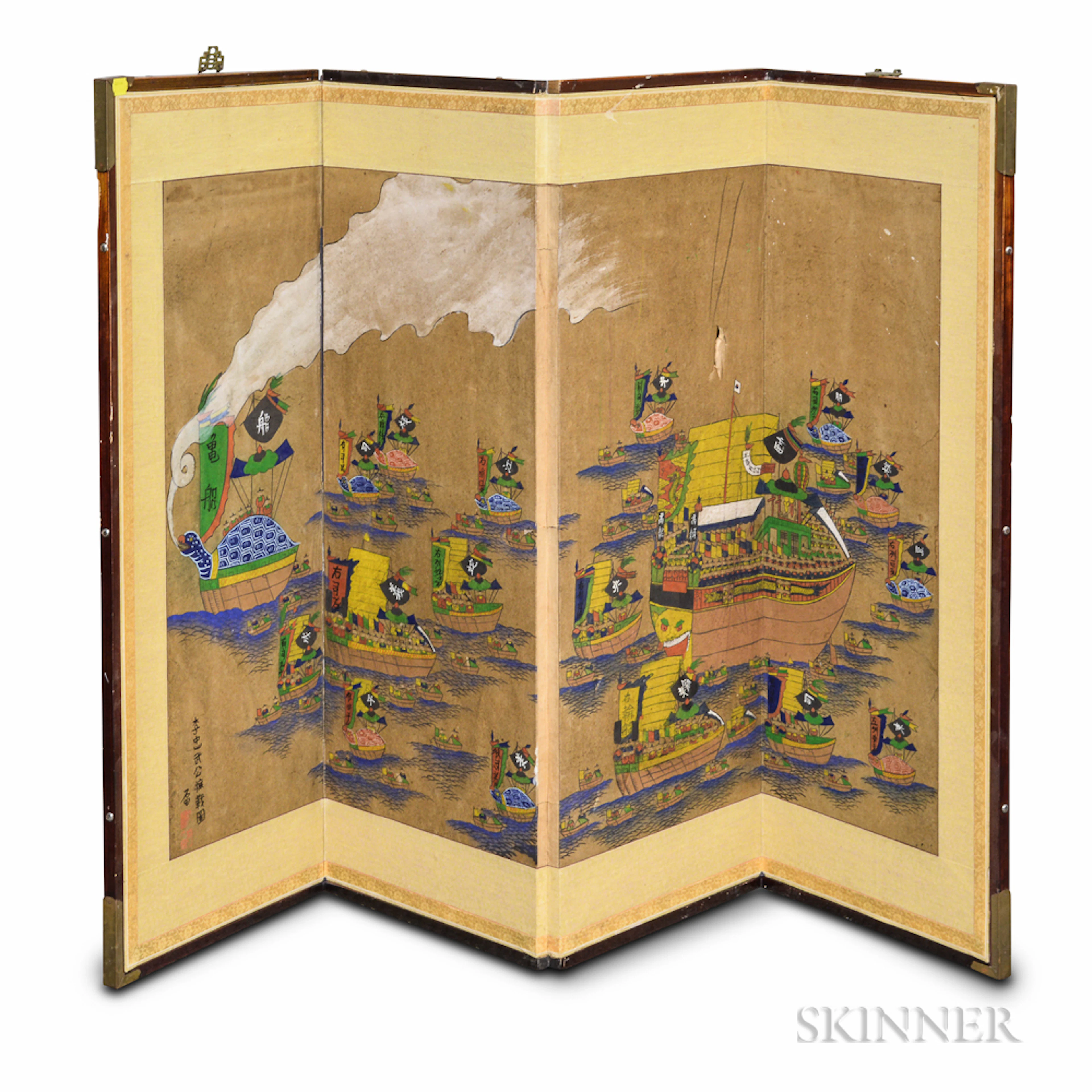 Four-panel Folding Screen Depicting the Korean Turtle Ships
