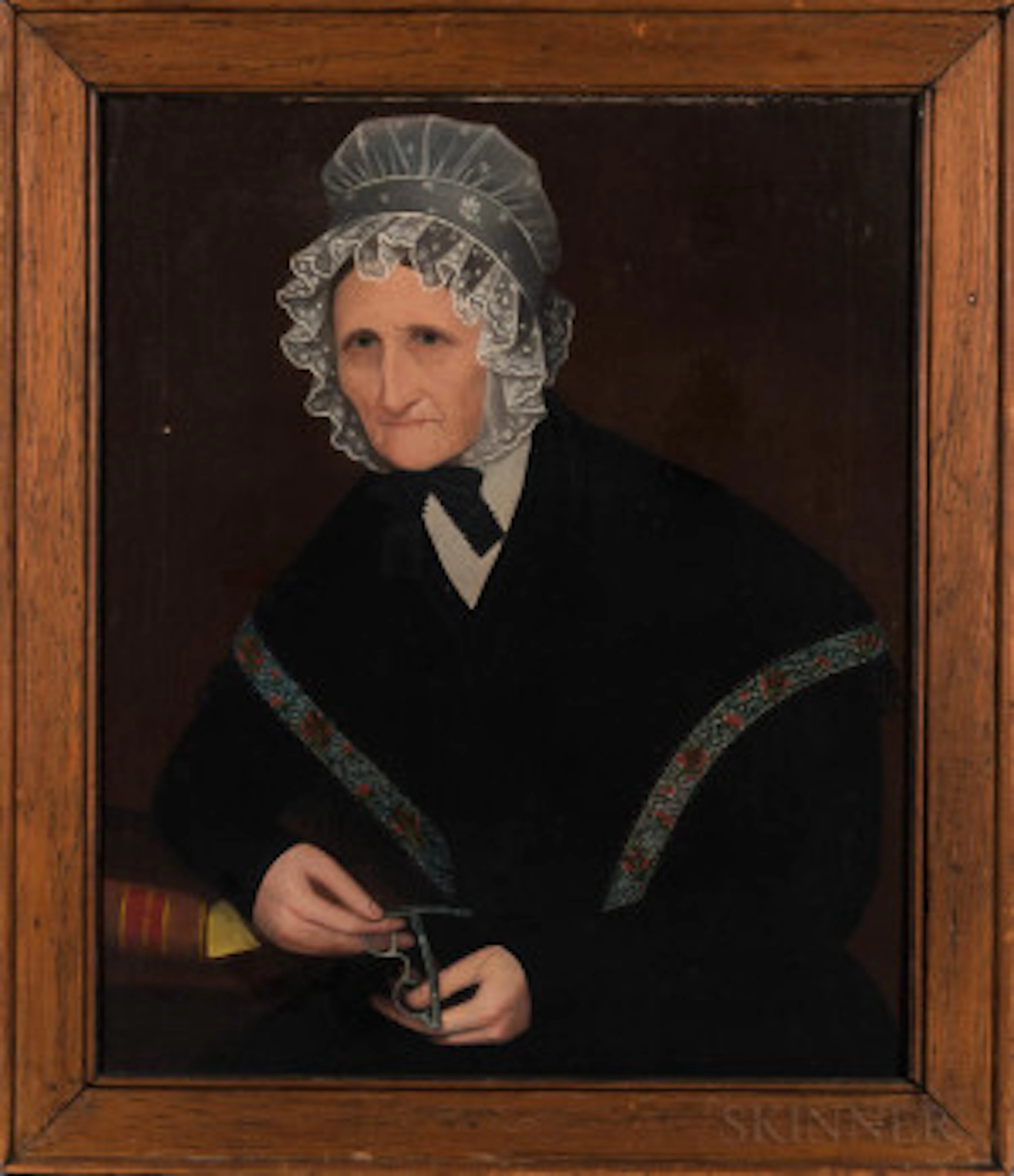 Portrait of a Woman in Lace Bonnet Holding Her Glasses