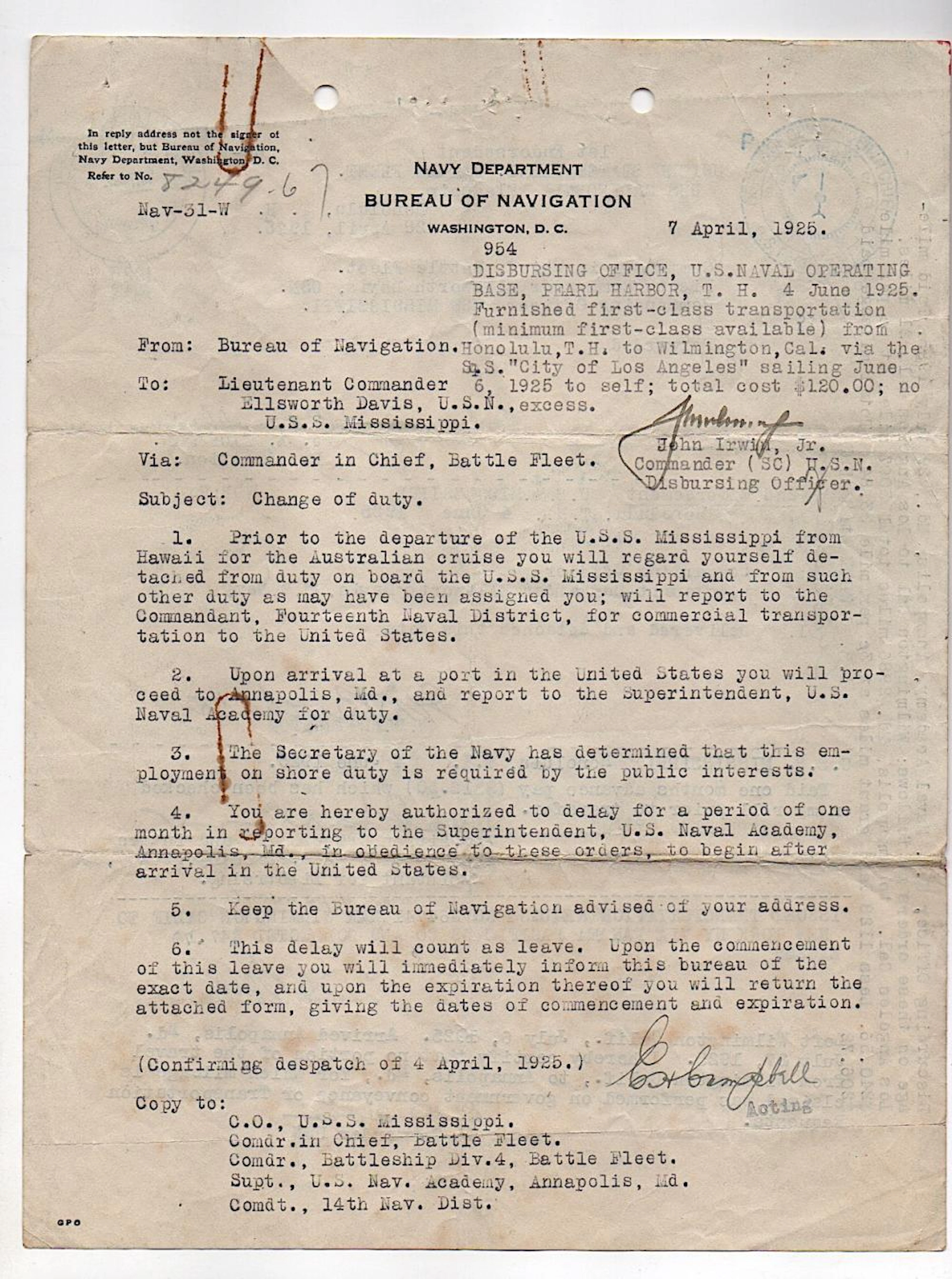 Navy Department Orders for Lieut. Commander Ellsworth Davis 1925