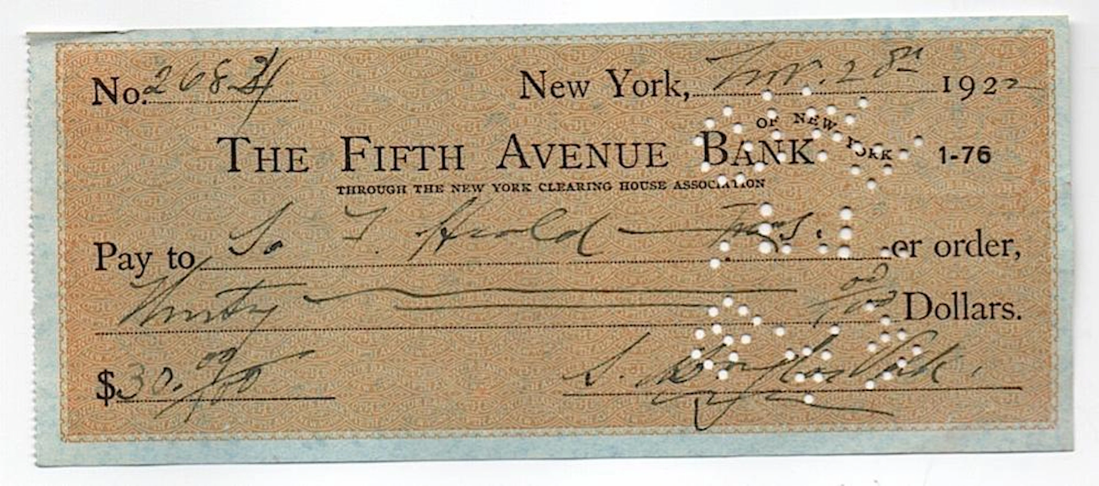 Artist Douglas Volk - signed bank check 1922