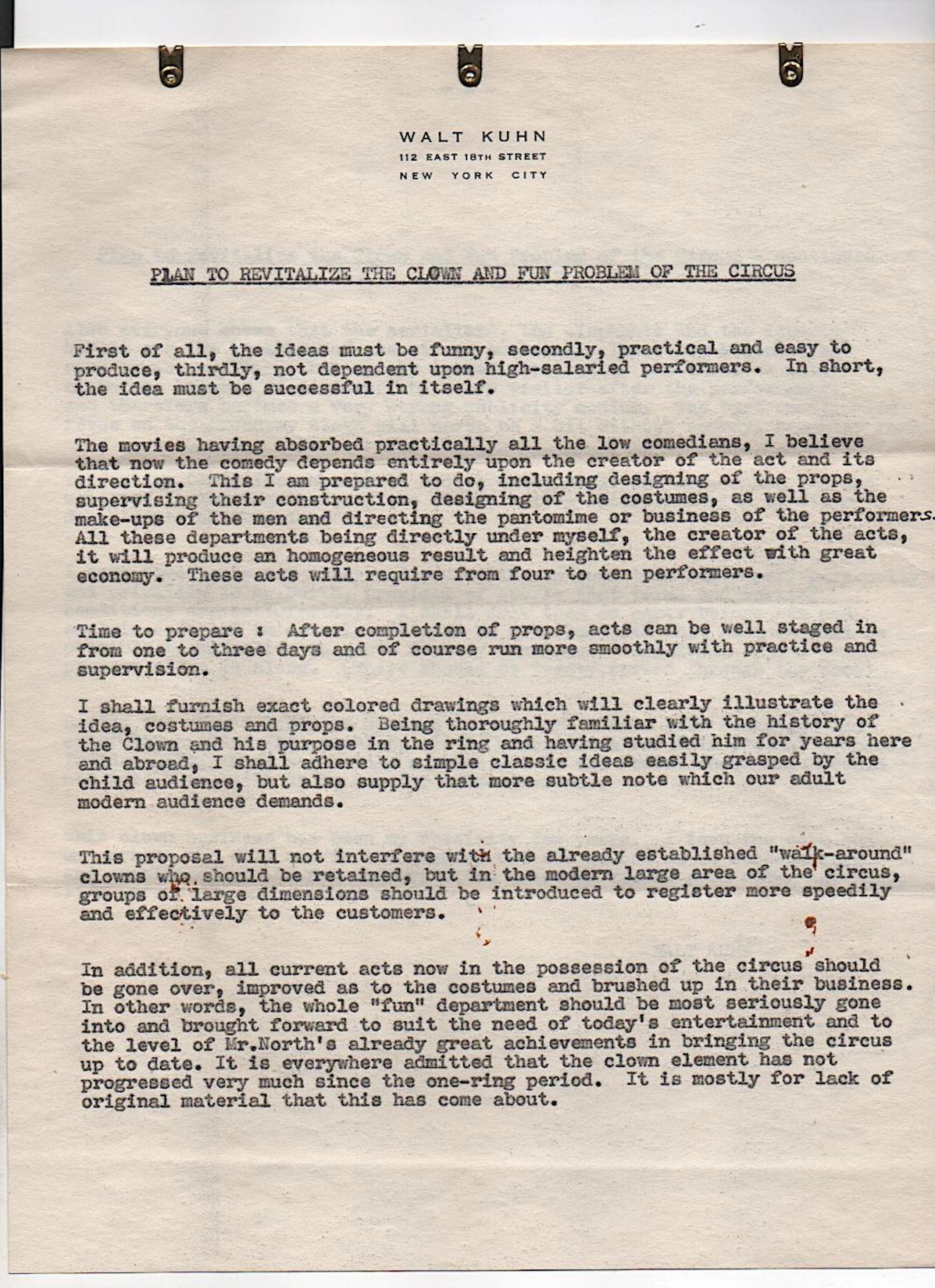 Walt Kuhns PLAN TO REVITALIZE THE CLOWN AND FUN PROBLEM OF THE CIRCUS