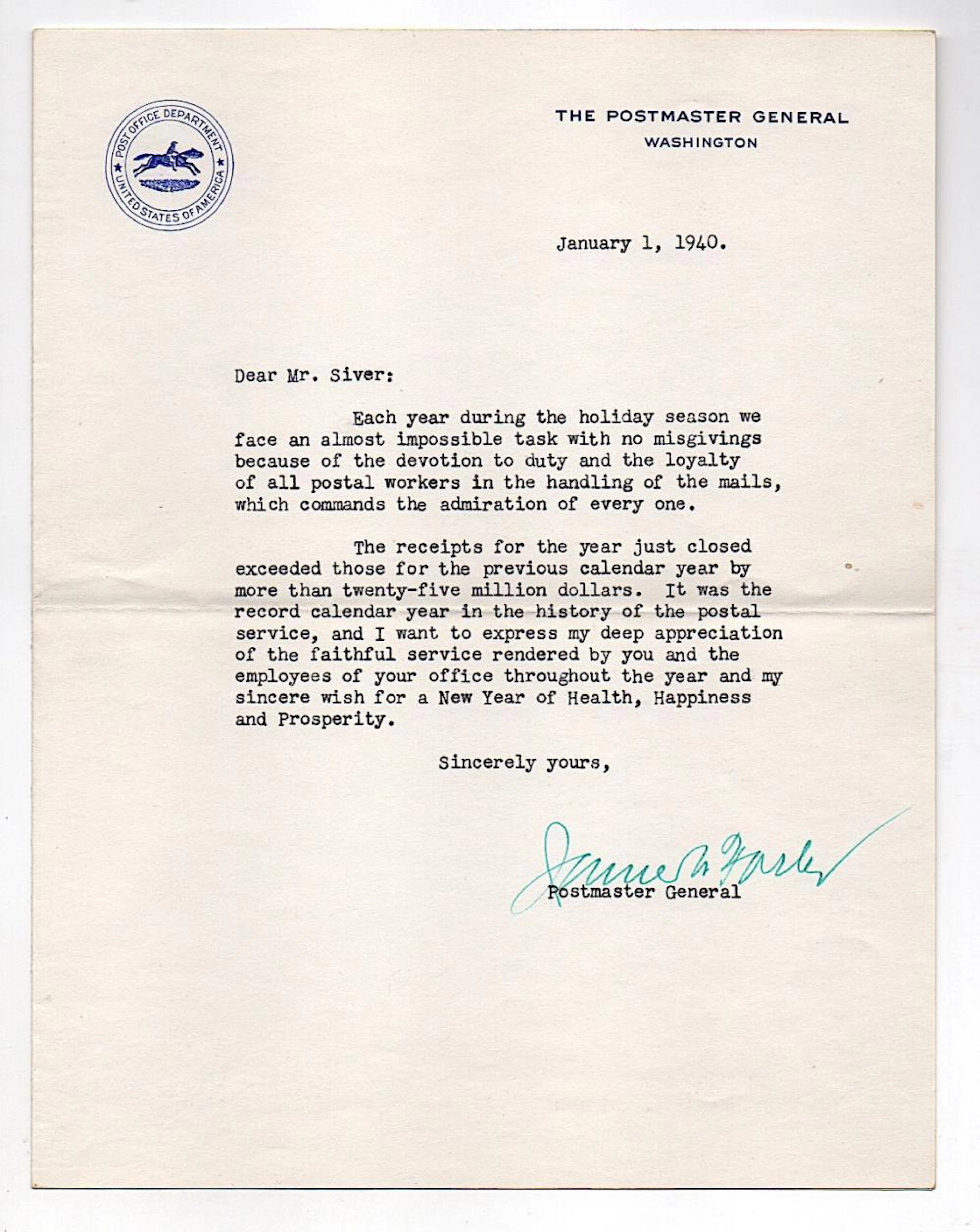 James A. Farley (1888-1976) Postmaster General under...