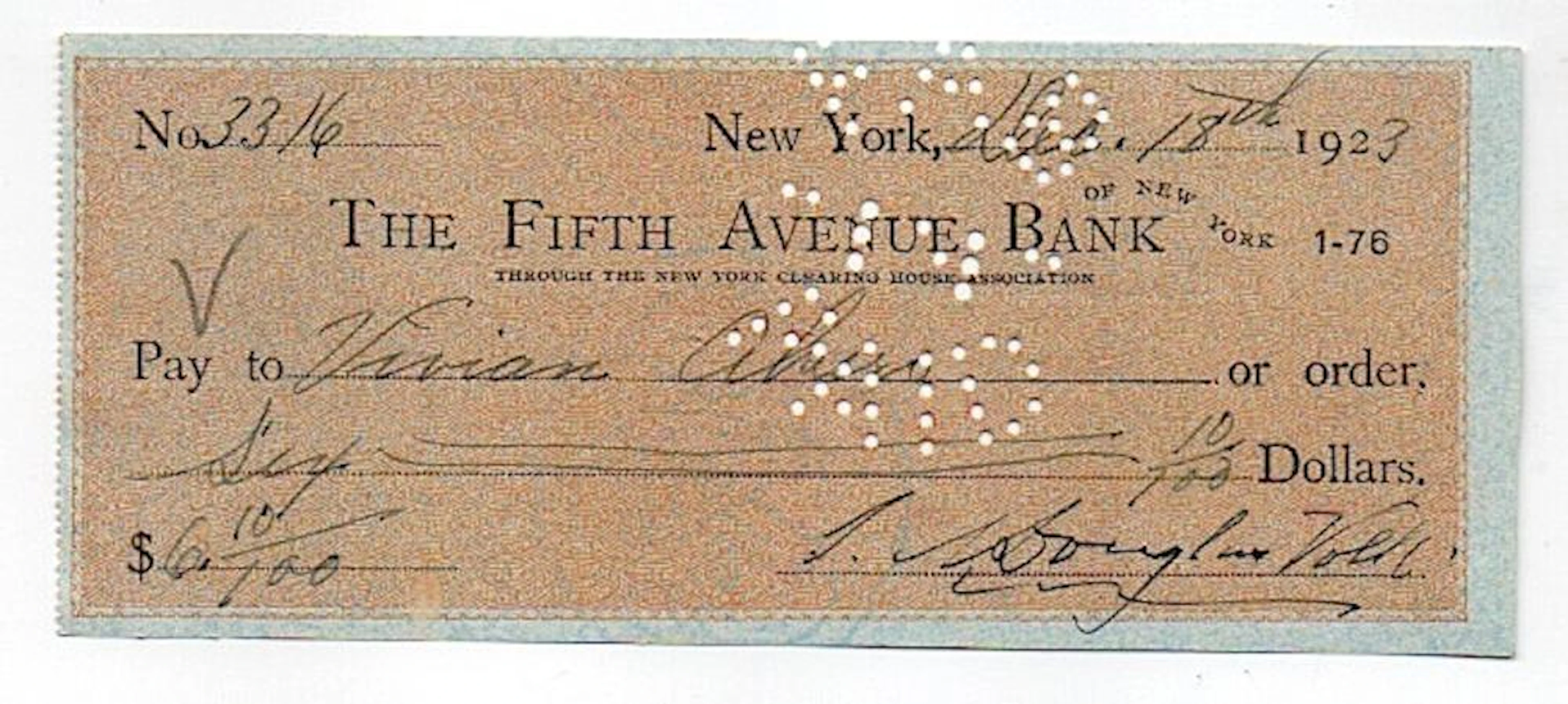 Bank Check Signed by 2 Artists 1923