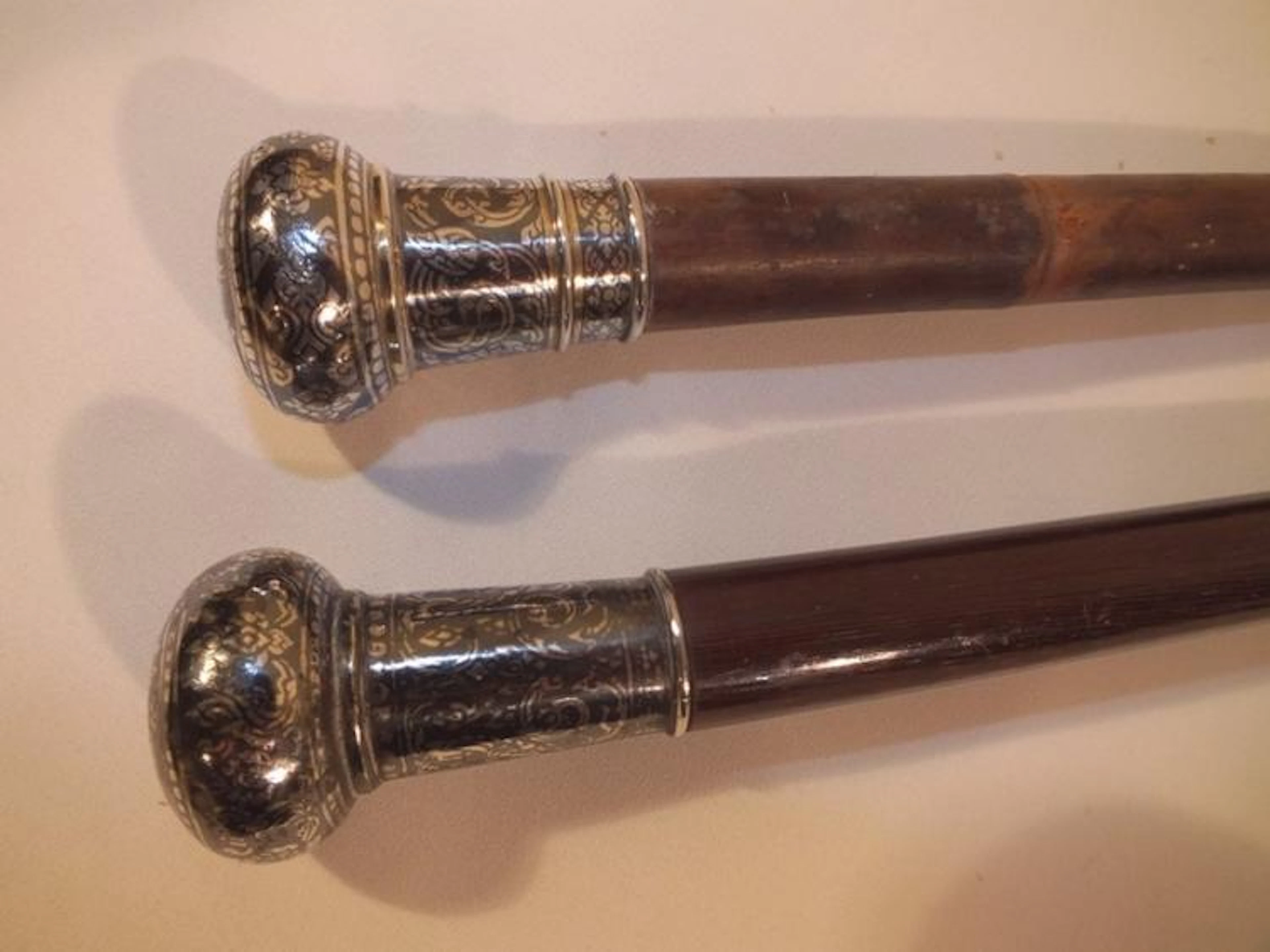 2 ANTIQUE NIELLO SILVER CANES