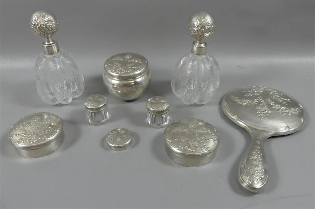 9 PIECE STERLING & CUT GLASS VANITY SET