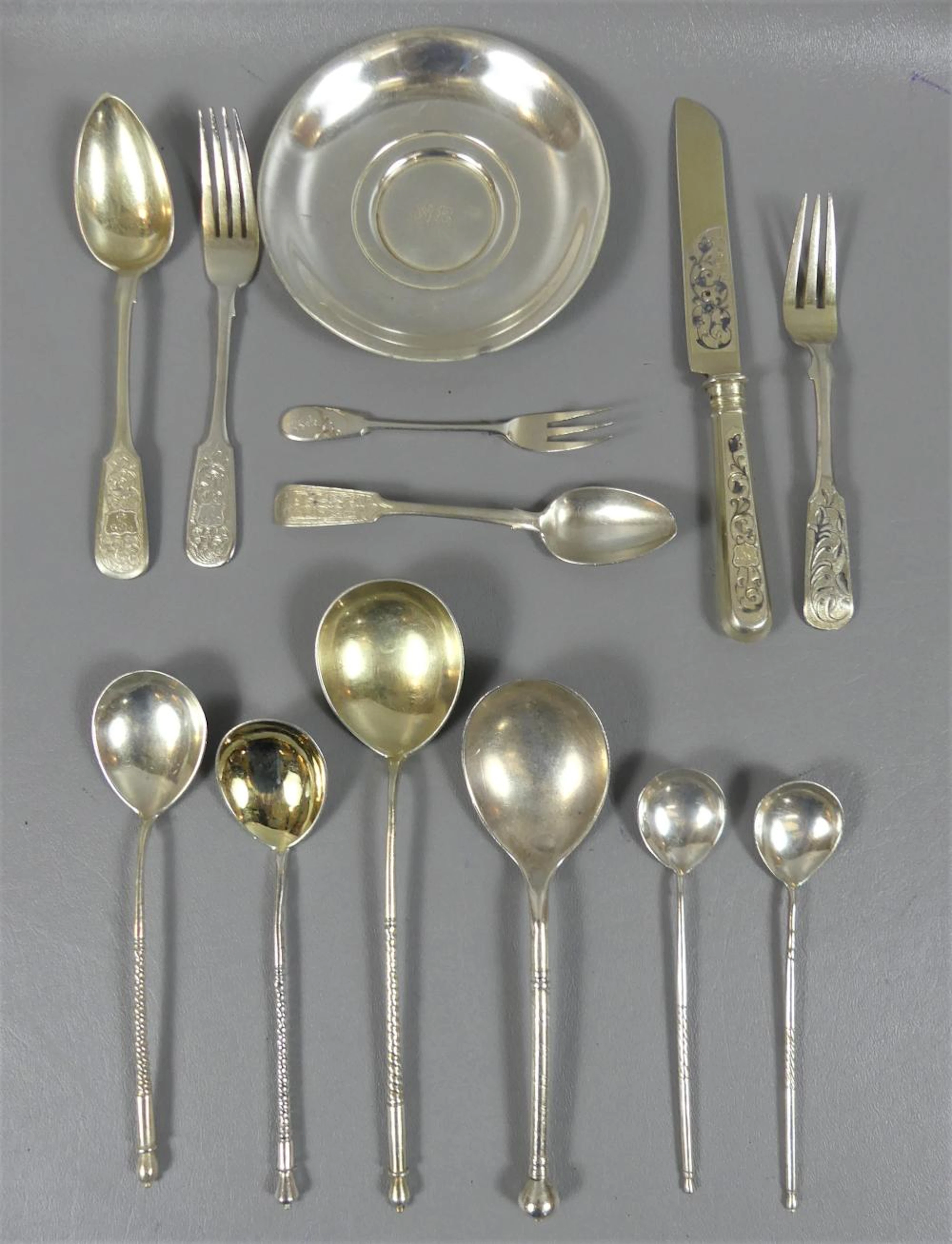 ANTIQUE RUSSIAN SILVER FLATWARE & TRAY